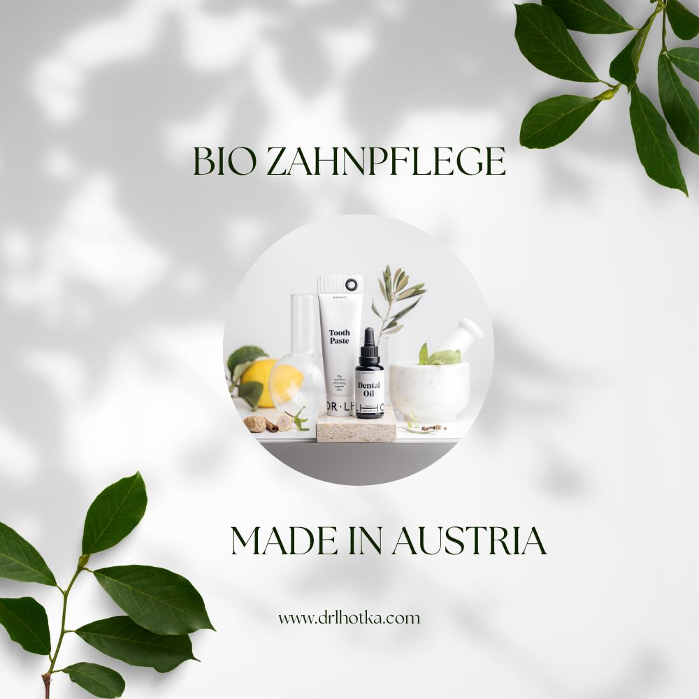 Drei Produkte: Zahnpasta, Dentalöl und ein weiteres Produkt. Text: Bio Zahnpflege, Made in Austria. Kräuter und Zitrone im Hintergrund.
