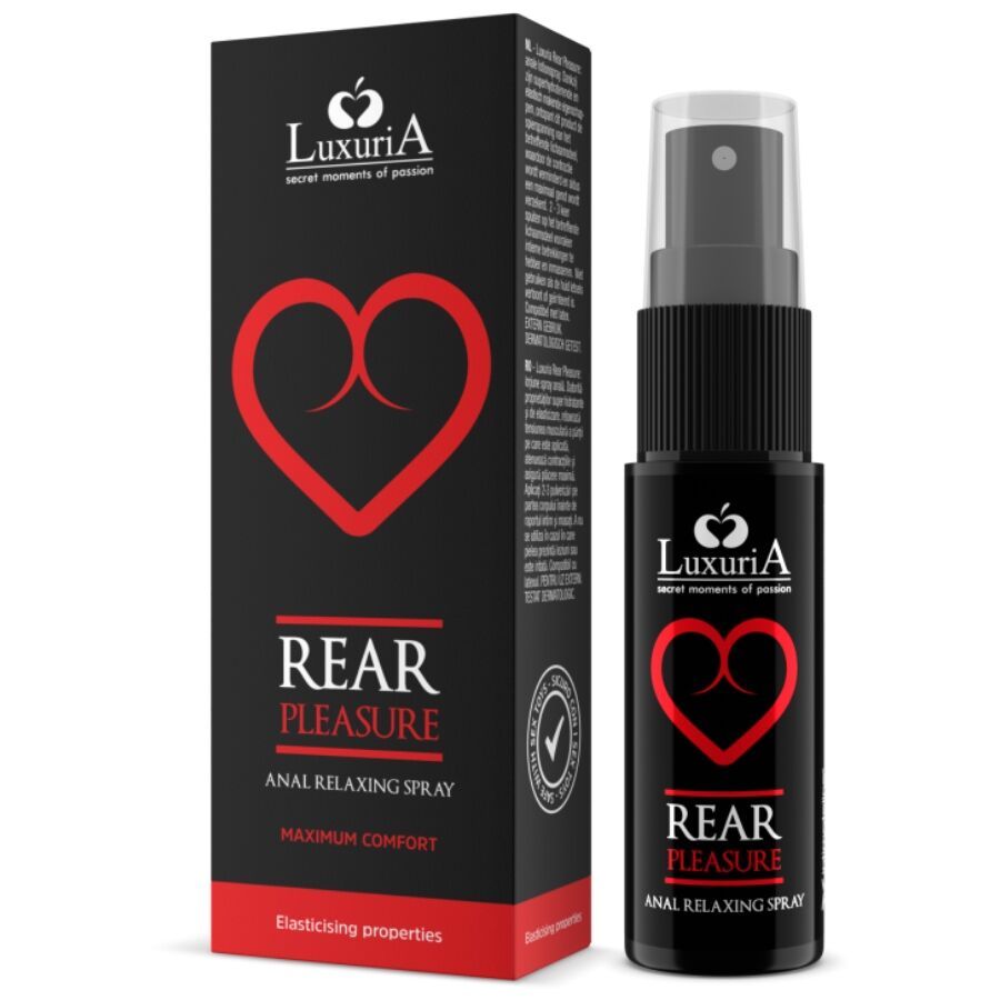 Schwarze Flasche und Schachtel. Auf der Flasche und Schachtel steht "REAR PLEASURE ANAL RELAXING SPRAY". Logo mit Herz.