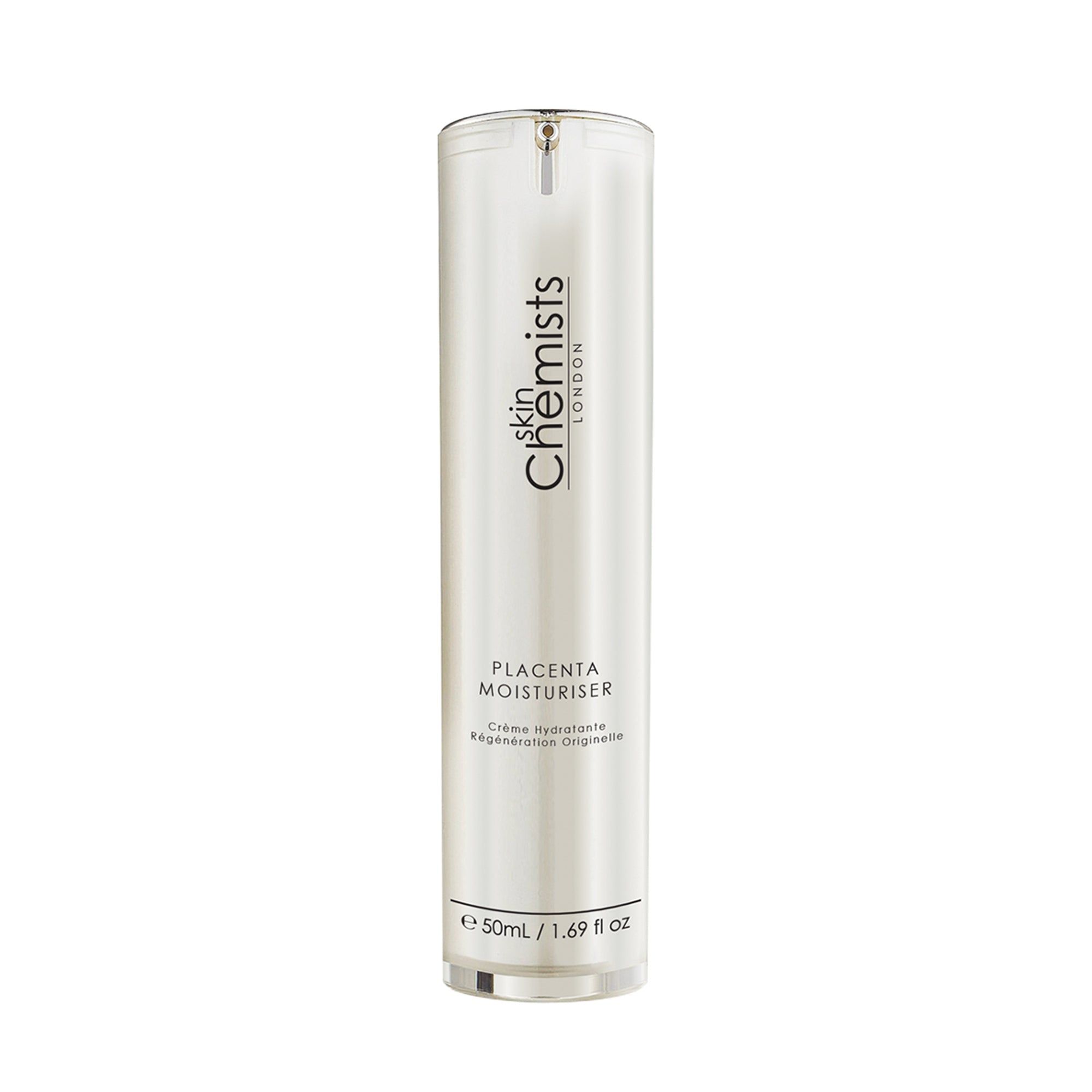 Zylinderförmige Flasche mit "skinChemists London"-Logo und "Plazenta Moisturiser"-Aufschrift. Unten steht "e 50ml / 1.69 fl oz".