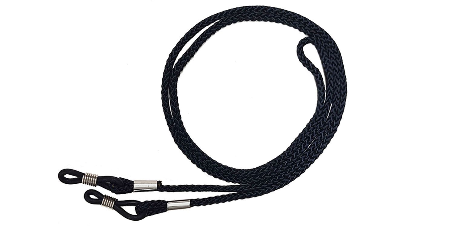 Schwarzes Brillenband. Geflochtenes Textilband mit Metallenden. Schlaufen zur Befestigung an Brillenbügeln.