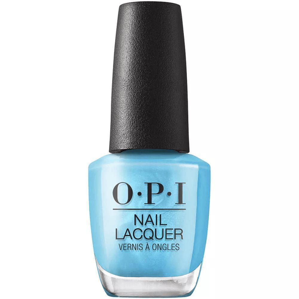 Hellblauer Nagellackflakon mit schwarzem Deckel. Aufschrift: O.P.I NAIL LACQUER.