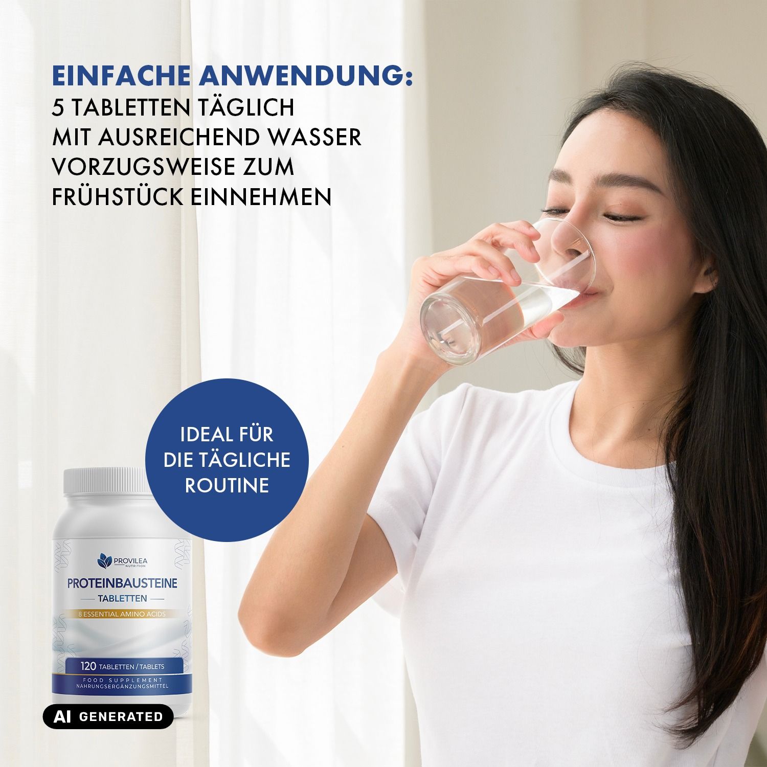 Frau trinkt Wasser neben einer Flasche Provilea Nutrition Proteinbausteine Tabletten.