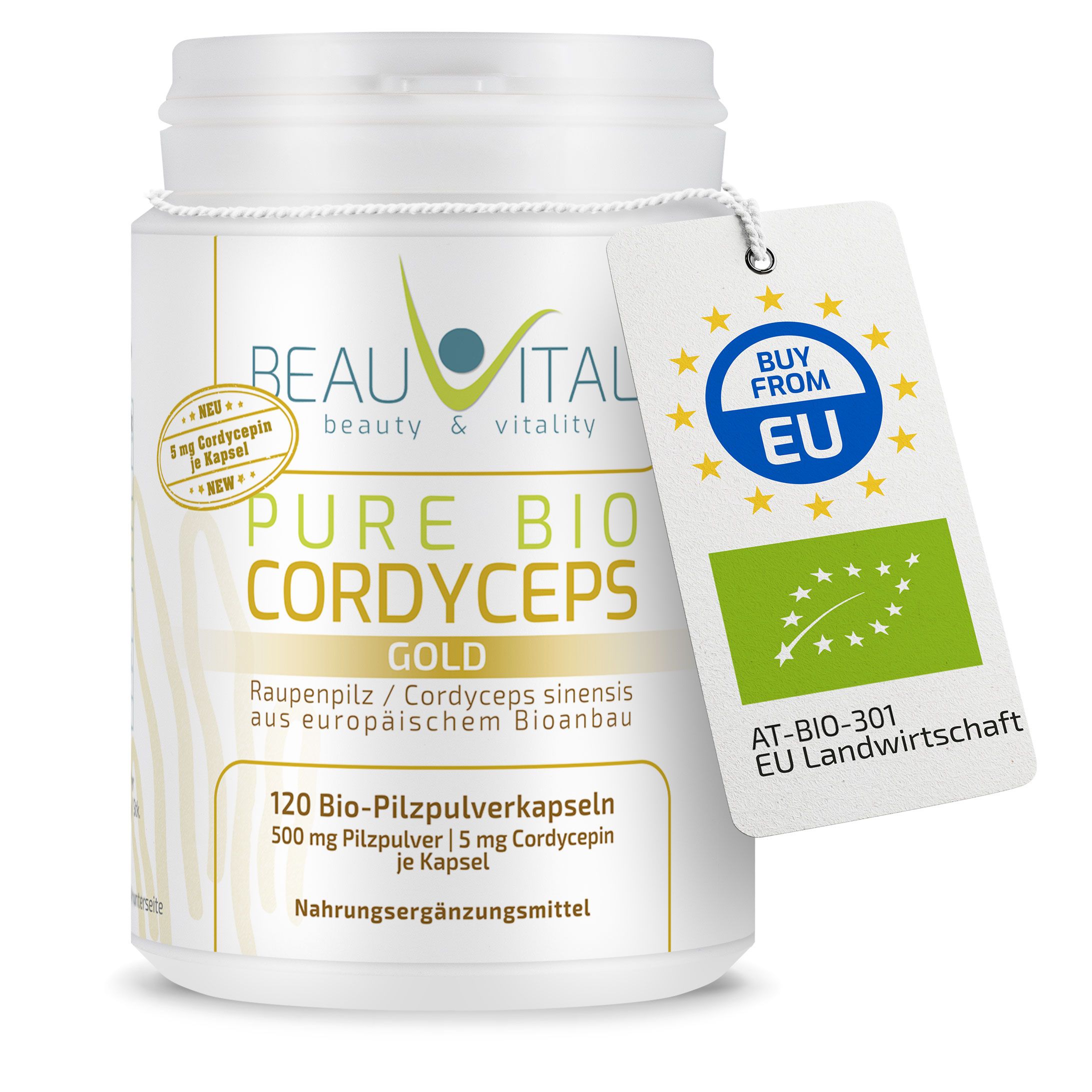 BEAUVITAL® Pure Bio Cordyceps Gold Kapseln: Weißer Behälter mit Etikett, zwei Kapseln, Moos und getrockneten Cordyceps-Pilzen.