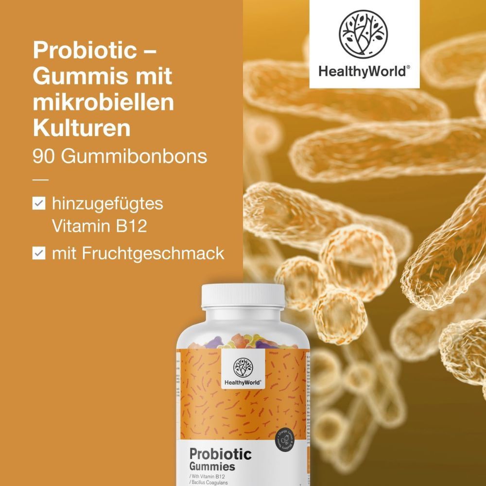 HealthyWorld Probiotic Gummis Flasche, Text: "Probiotika – Gummis mit mikrobiellen Kulturen, 90 Gummibonbons."