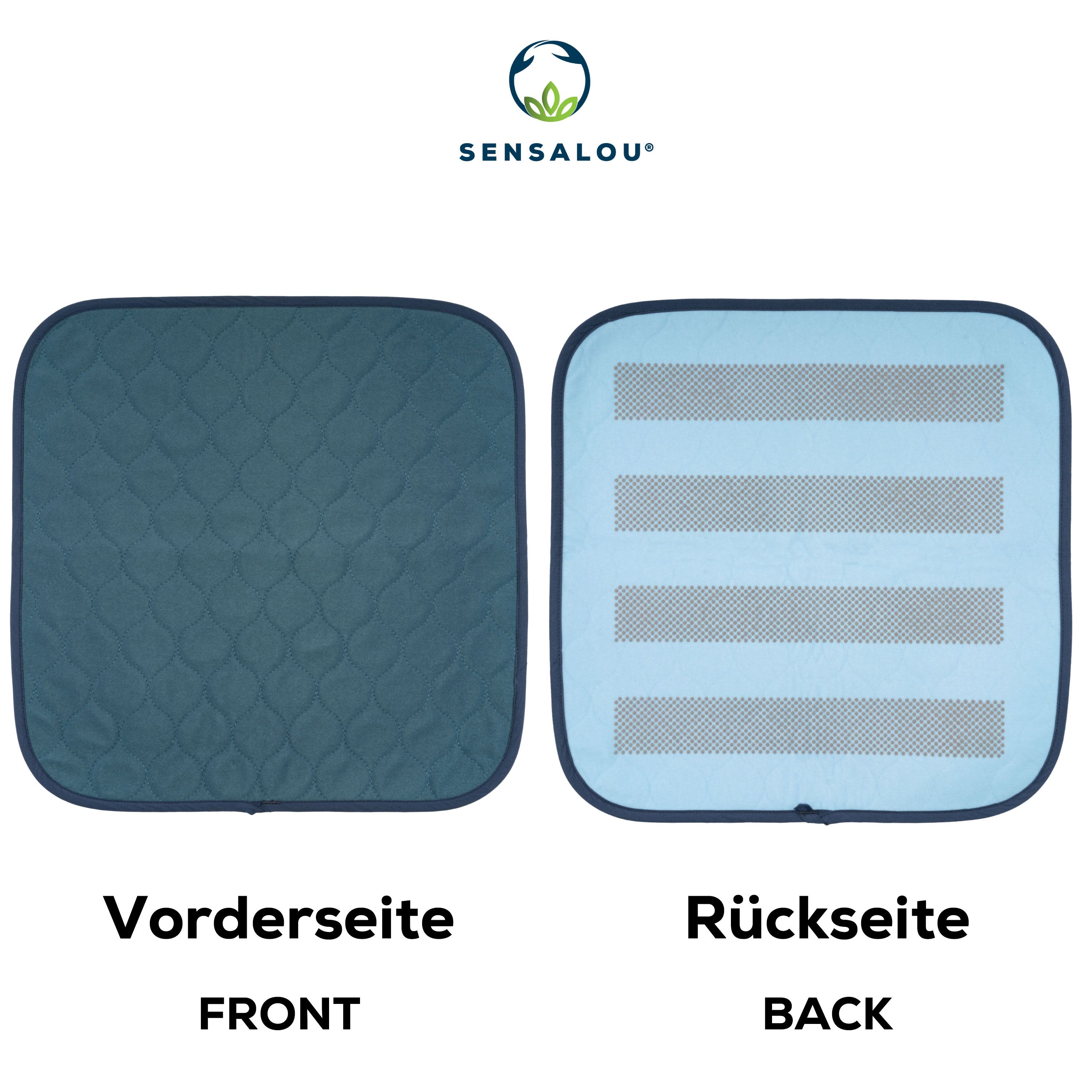 Vorder- und Rückseite einer blauen Sitzauflage. Vorderseite gesteppt, Rückseite mit Streifenmuster.