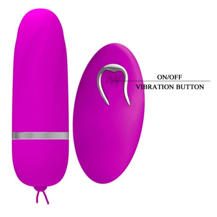 Pinker Vibrator und Fernbedienung mit silbernem Knopf und Beschriftung 'ON/OFF VIBRATION BUTTON'.