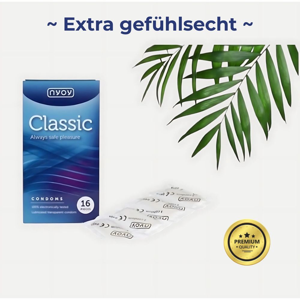 NYOY Classic Kondom-Packung und einzelne Kondome. Aufschrift: NYOY Classic, 16 Stück. Mit Blättern und Siegel.