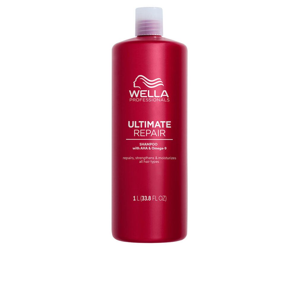 Rote Shampoo-Flasche mit weißem Deckel. Aufschrift: Wella Professionals Ultimate Repair Shampoo. 1 L.