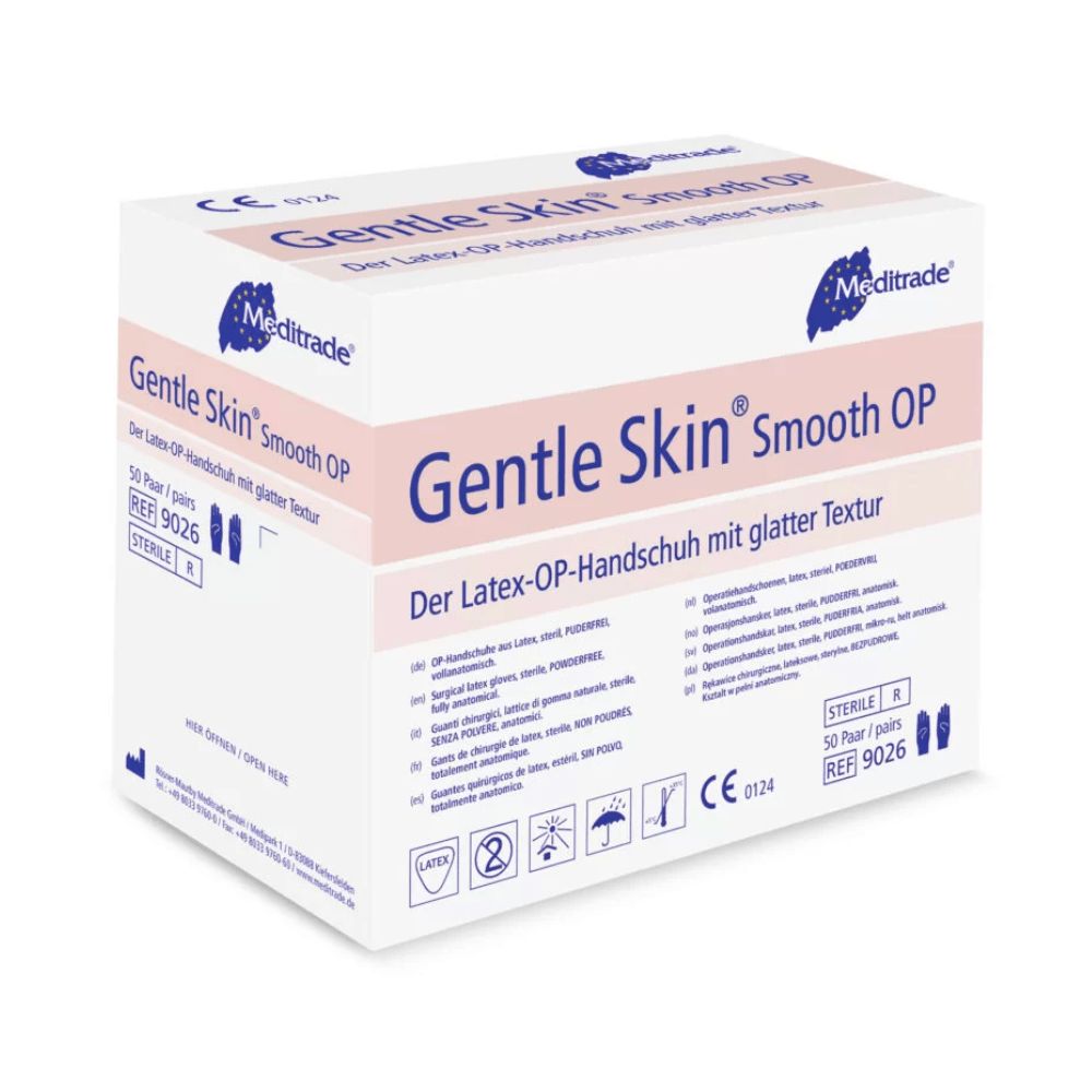 Meditrade Gentle Skin® Smooth OP: 50 Paar sterile Latex-OP-Handschuhe mit glatter Textur, REF 9026.