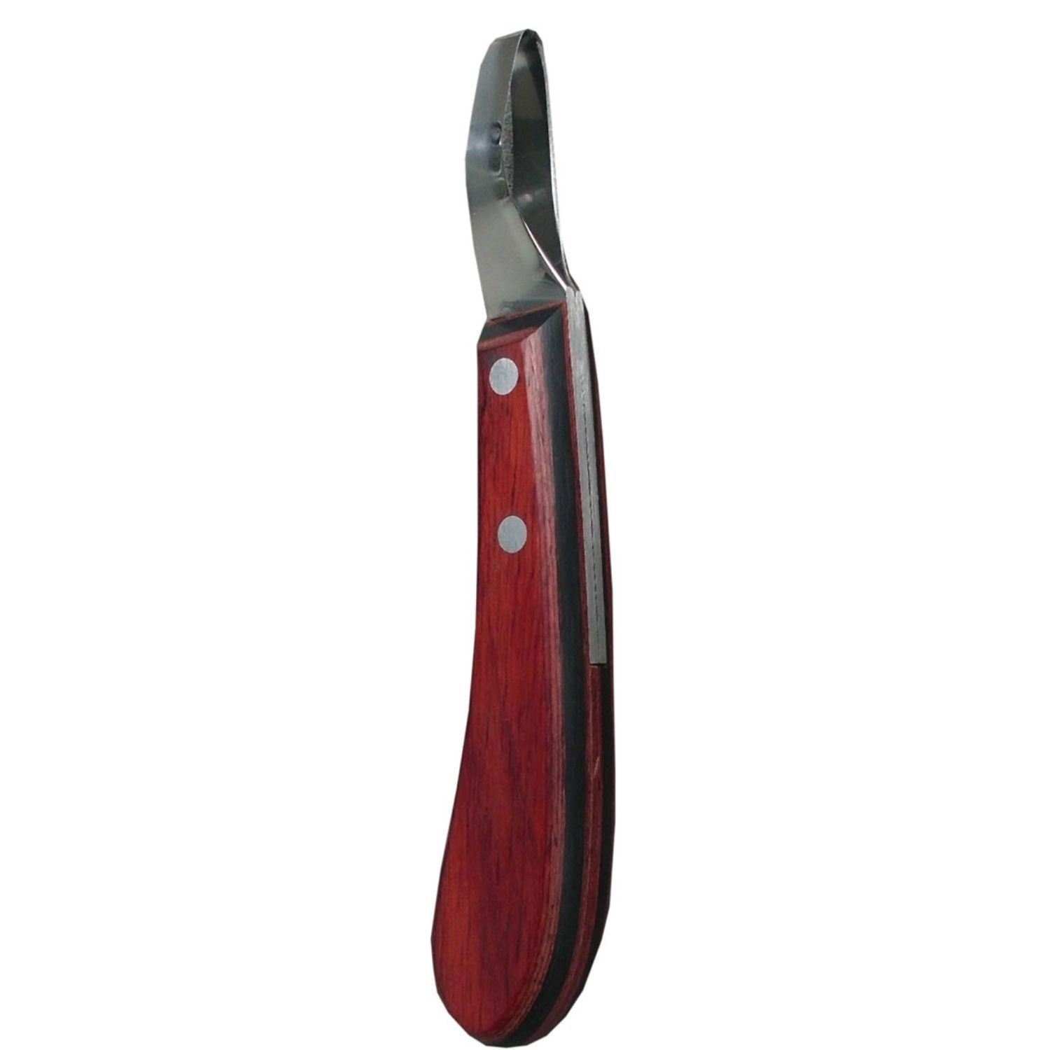 Hufmesser mit Holzgriff und gebogener Klinge. Der Griff ist rotbraun, die Klinge silberfarben.