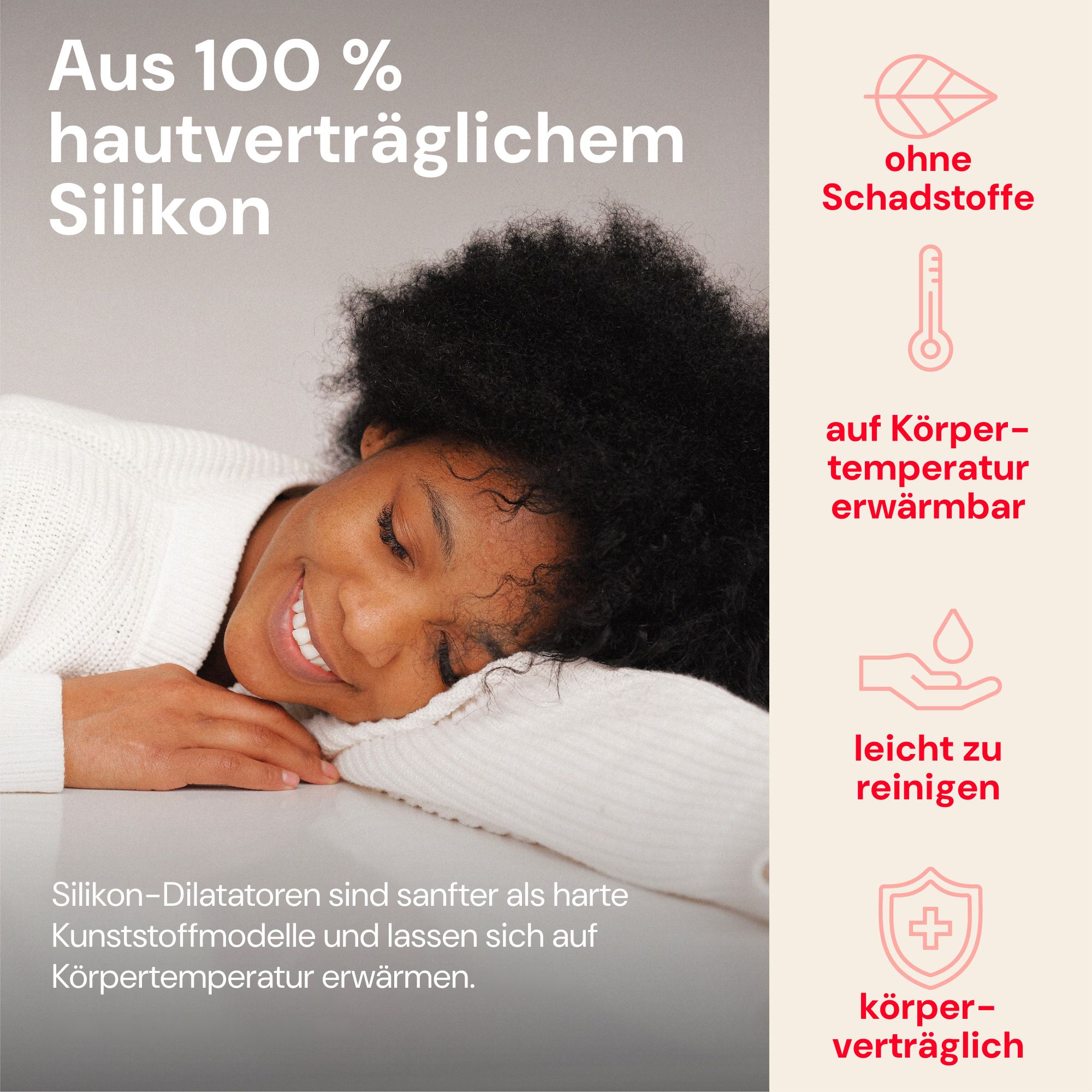 Frau mit grauen Haaren lächelt. Links sind Symbole für Reinigung, Entspannung, Einführung und Durchhaltevermögen.