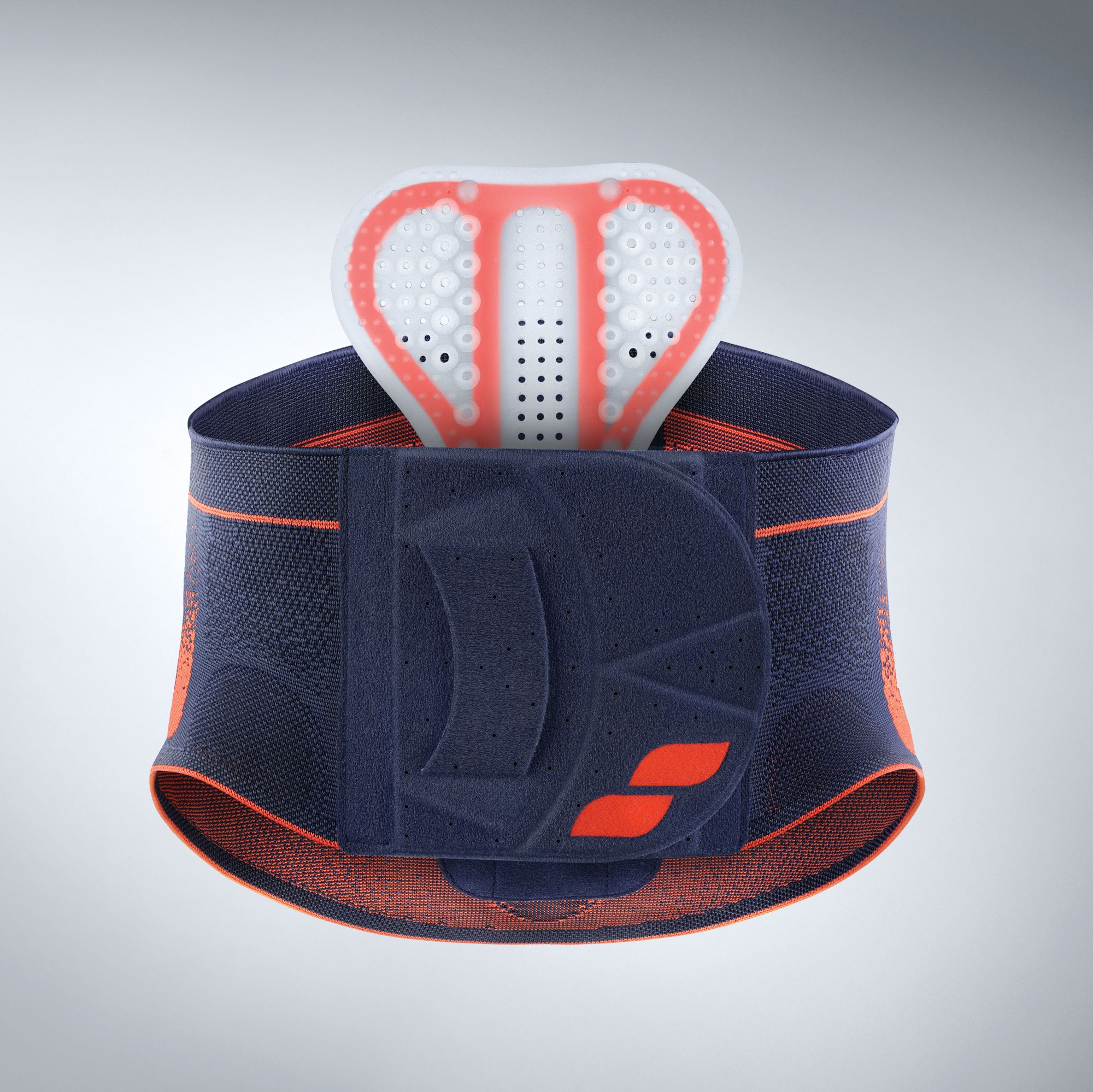 Rückenbandage, blau-orange, mit Einsatz. Sichtbar: Bandage, Einsatz, orangefarbene Akzente, Klettverschluss, Logo. Draufsicht.