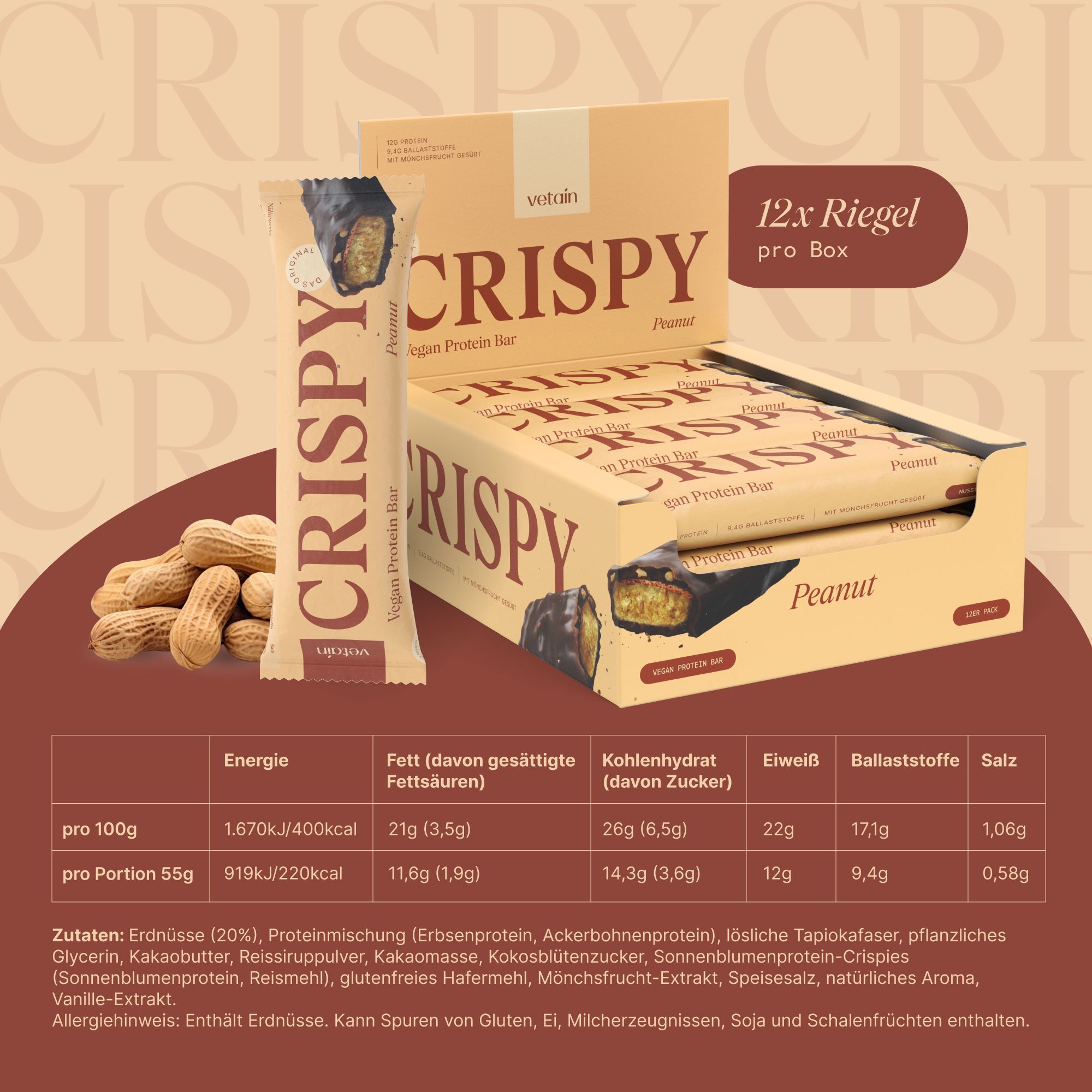 VETAIN Proteinriegel Vegan Crispy Peanut: Nährwertangaben und Zutatenliste.
