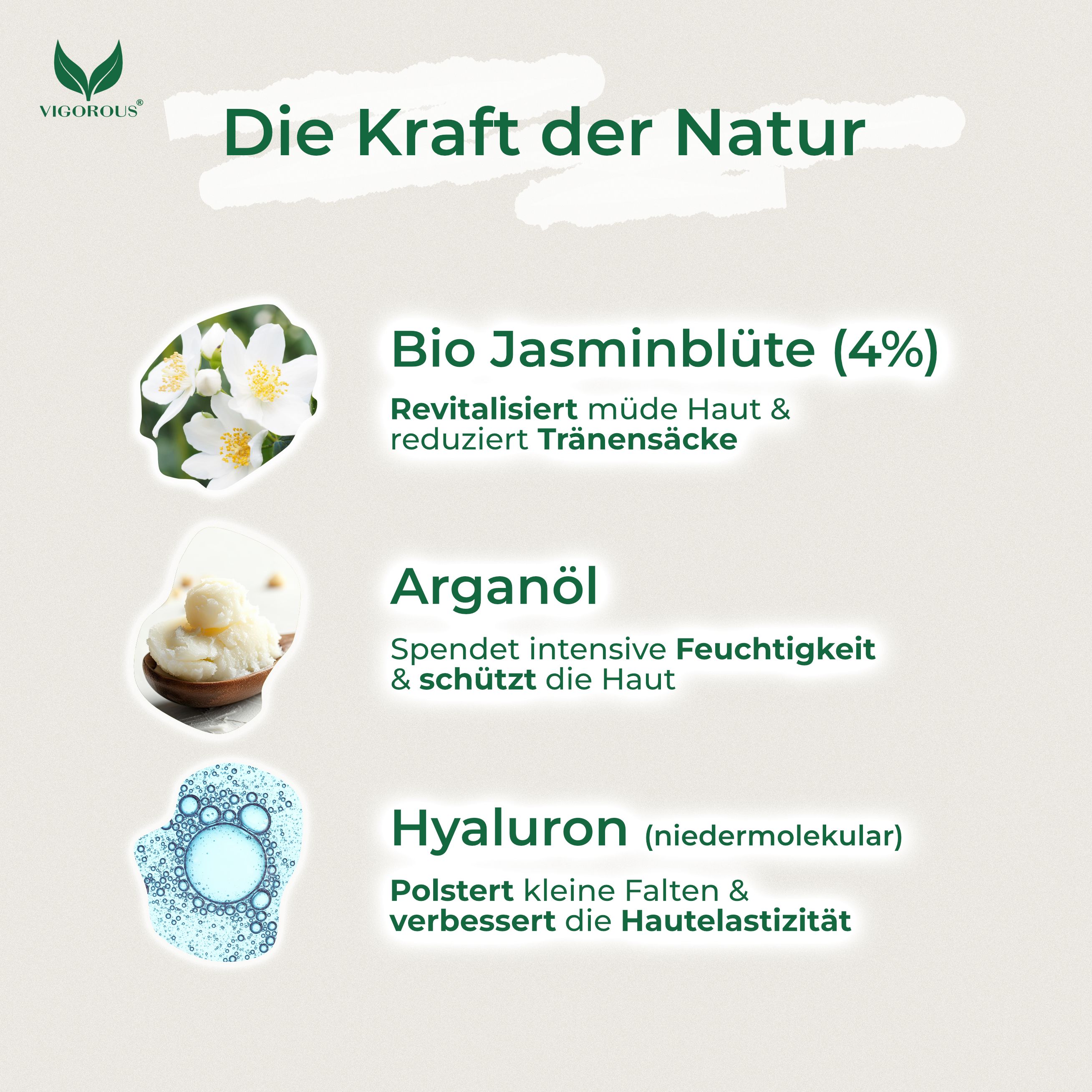 Text mit grünen Überschriften und Aufzählungen: Bio Jasminblüte (4%), Arganöl, Hyaluron (niedermolekular).