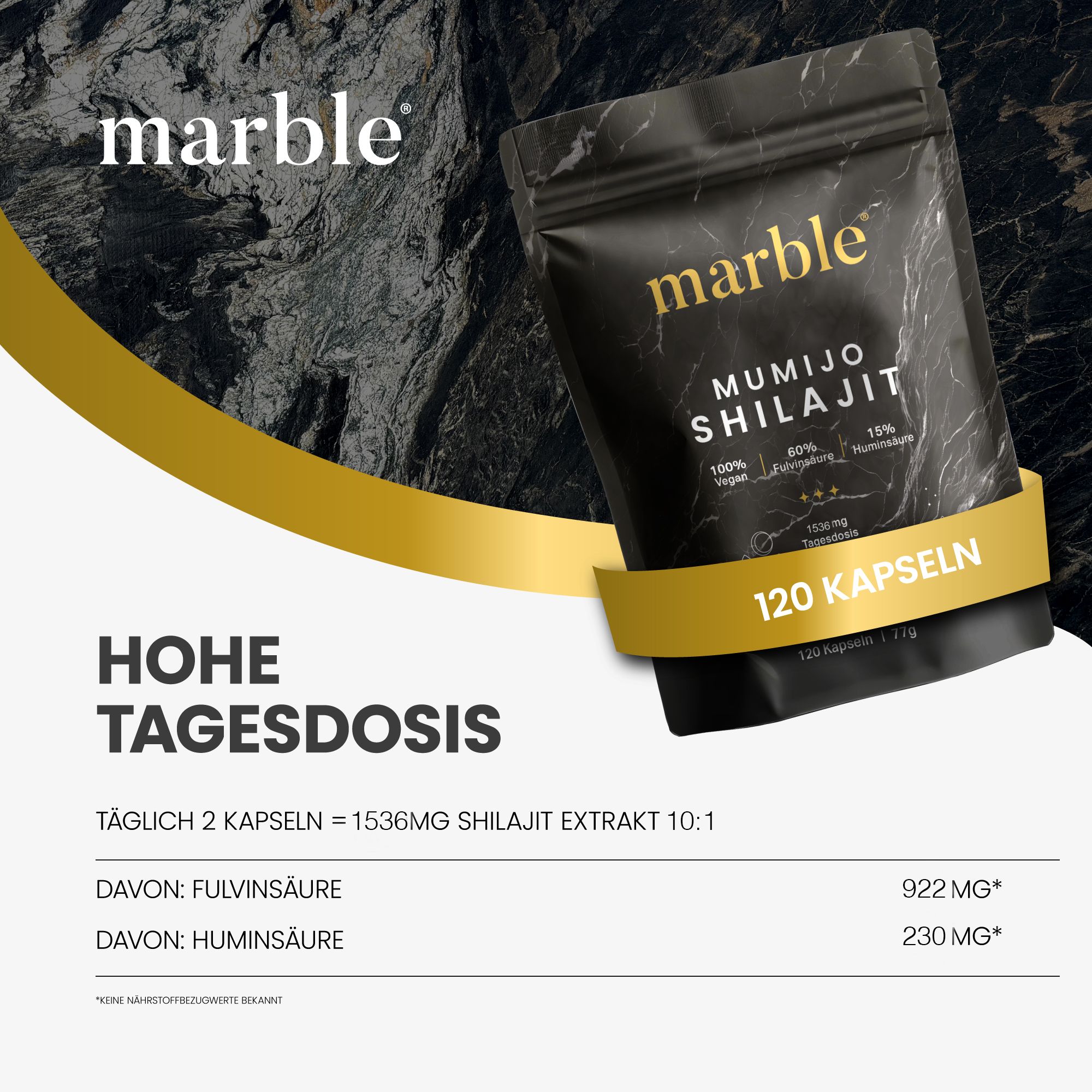 Verpackung mit goldener Schrift. Aufschrift: marble, Mumijo Shilajit, 120 Kapseln. Text: Hohe Tagesdosis. 1536mg Shilajit Extrakt.