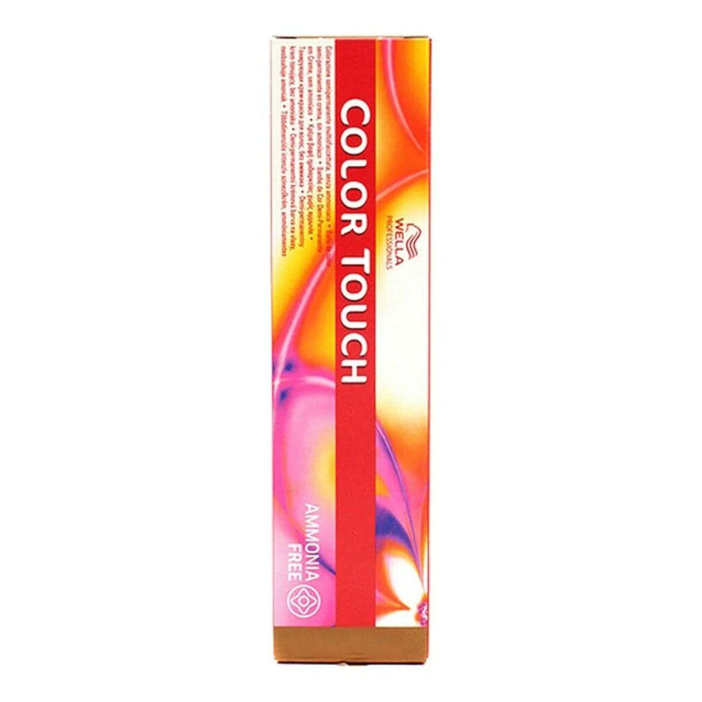 Haarfärbemittel-Verpackung. "COLOR TOUCH" und "AMMONIA FREE" Schriftzug. Farbverlauf in Orange, Pink und Weiß. Wella-Logo.