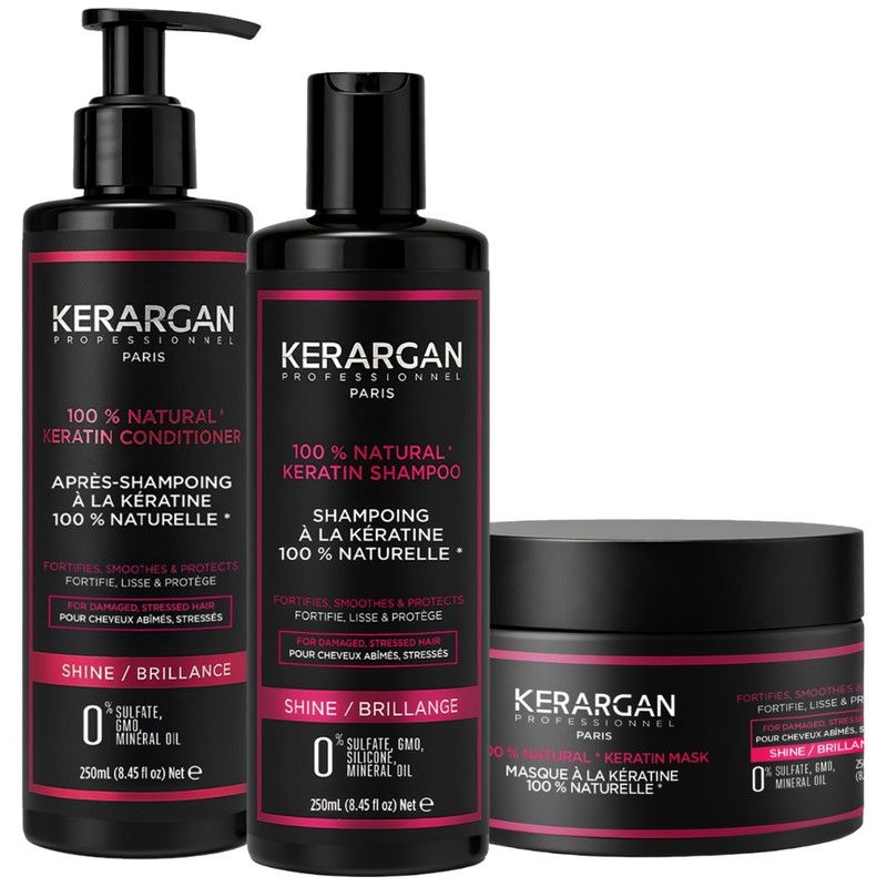 Drei schwarze Flaschen und ein Tiegel. Aufschrift: Kerargan, 100% Natural Keratin. Shampoo, Conditioner und Maske. Rosa Akzente.