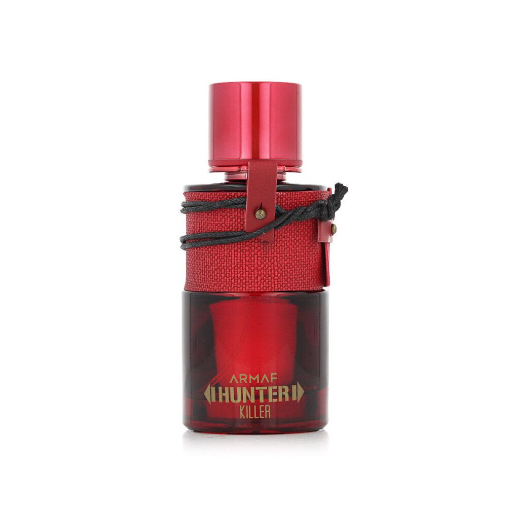 Rote Flasche mit rotem Verschluss und Lederband. Aufschrift "ARMAF HUNTER KILLER".