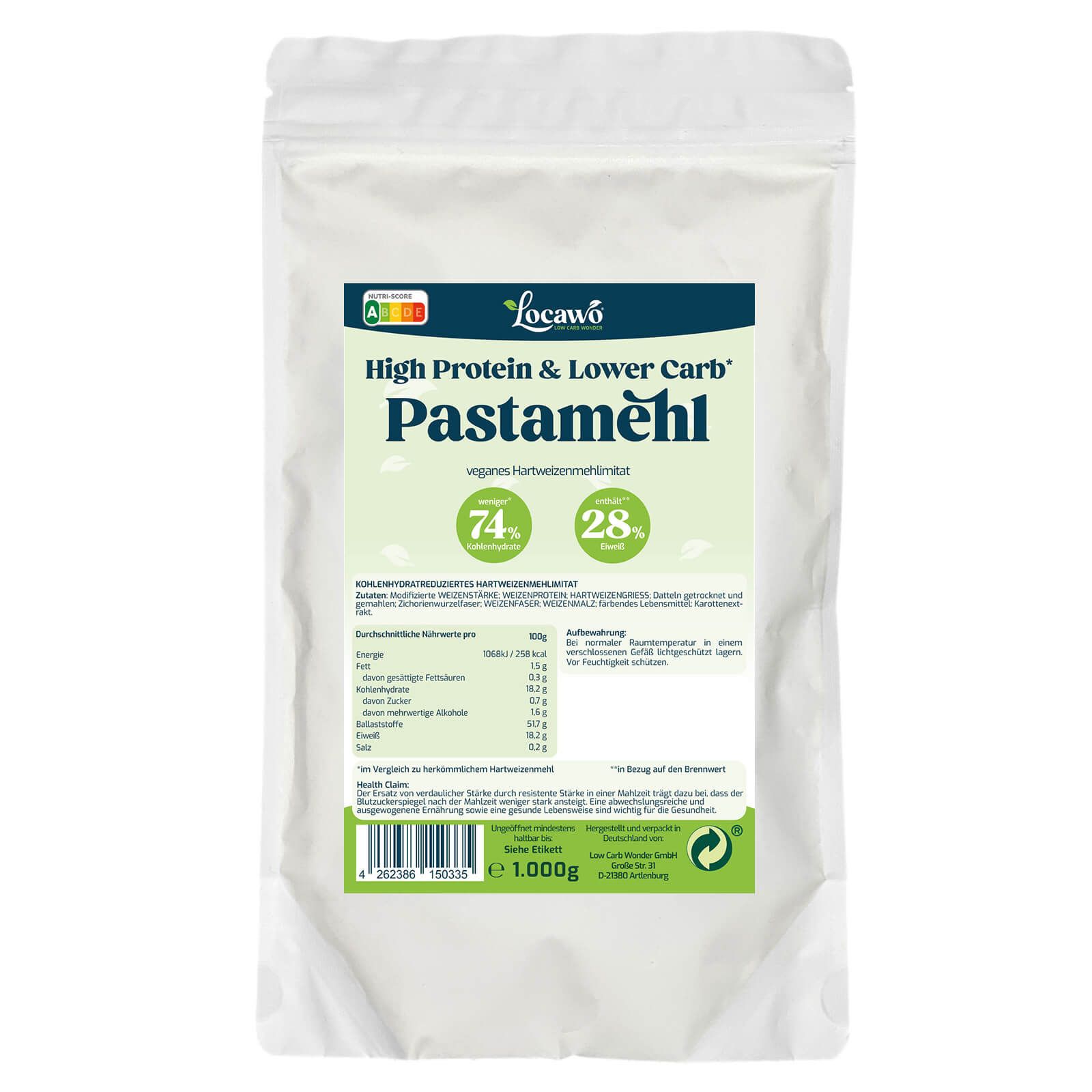 Weißer Beutel mit "Locawo Pastamehl". Aufdruck: High Protein & Lower Carb, 74% Protein, 28% Kohlenhydrate. Enthält Nährwertangaben und Zertifizierungen.