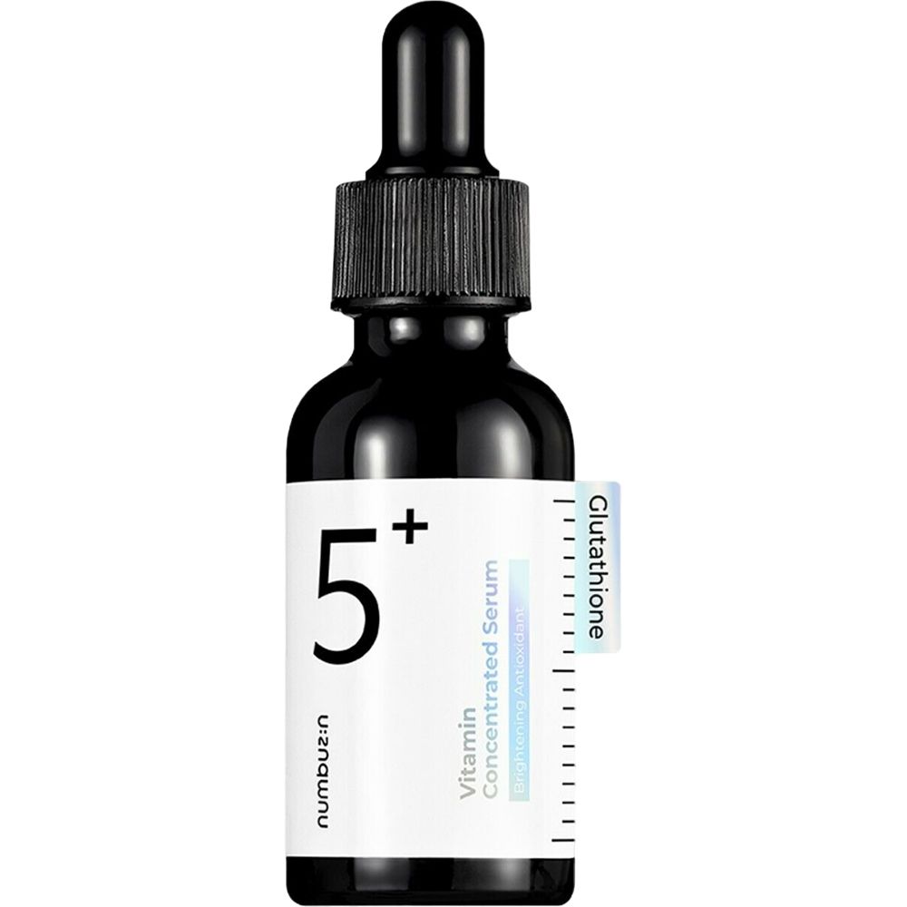 Schwarze Flasche mit weißem Etikett. Aufschrift "5+" und "numbuzin". Enthält ein Vitamin-Serum. Mit Tropfer.