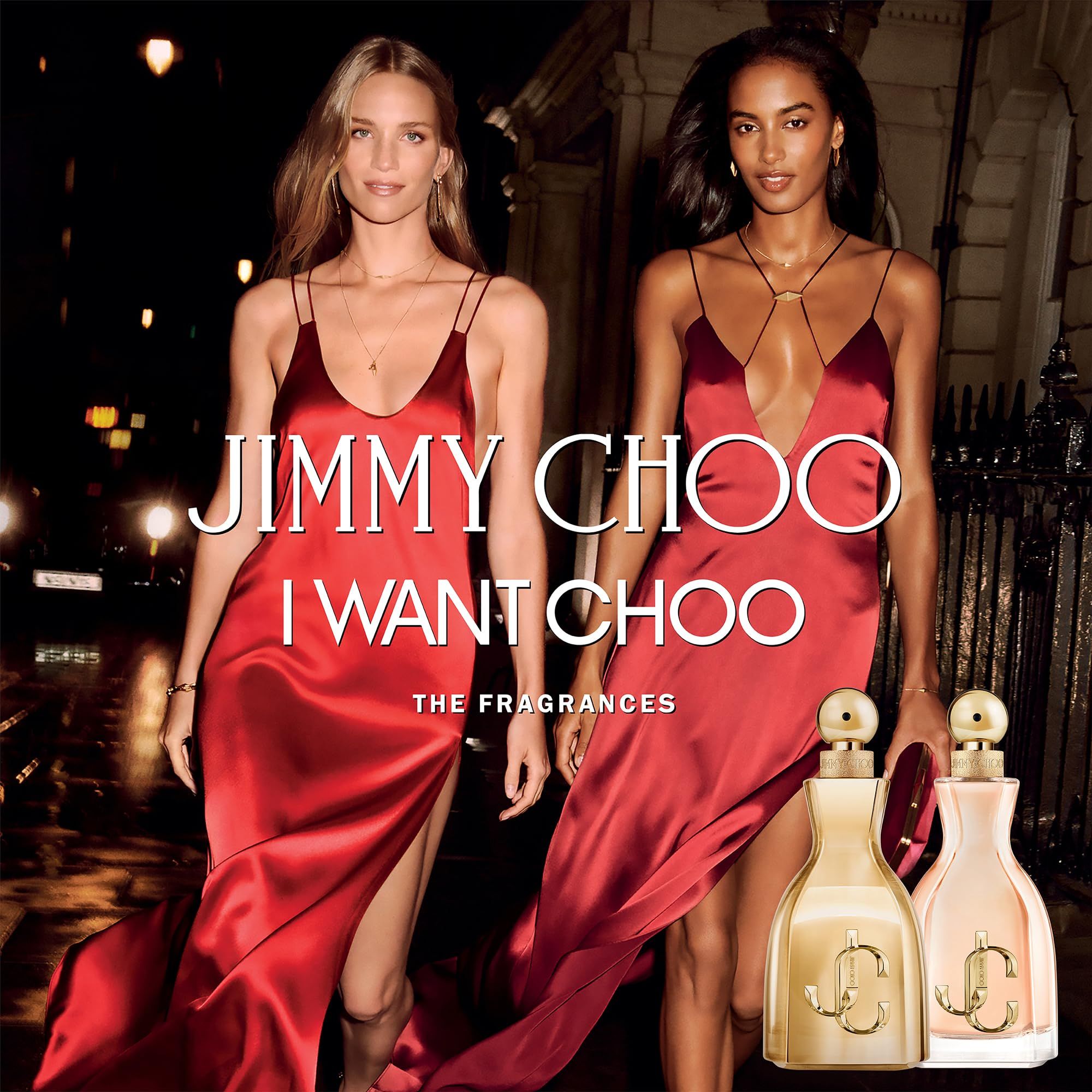 Zwei Frauen in roten Kleidern mit Flakons. Text: JIMMY CHOO I WANT CHOO THE FRAGRANCES.
