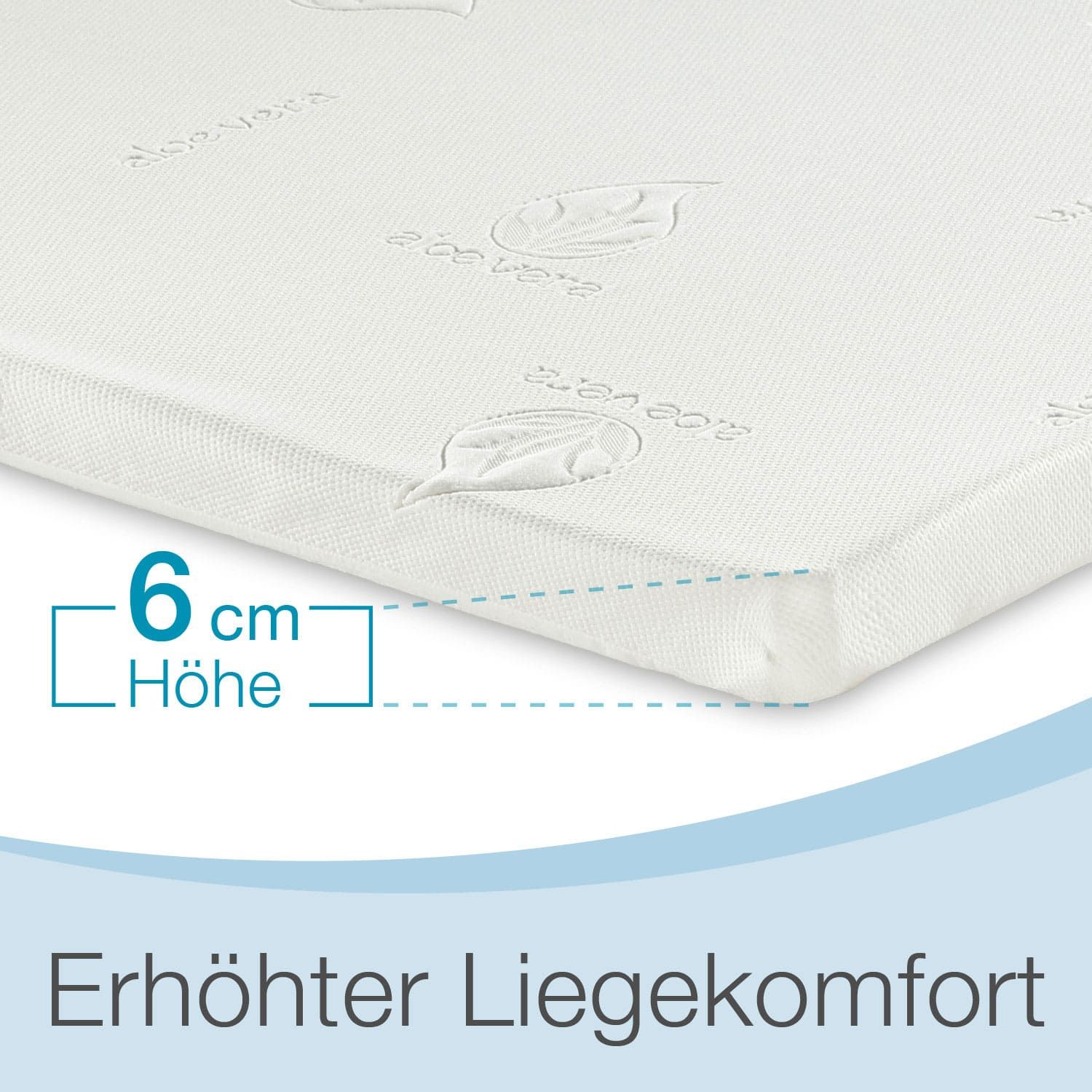 Matratzenauflage, Detailansicht. 6 cm hoch. Text: Erhöhter Liegekomfort. Aloe Vera-Logo.