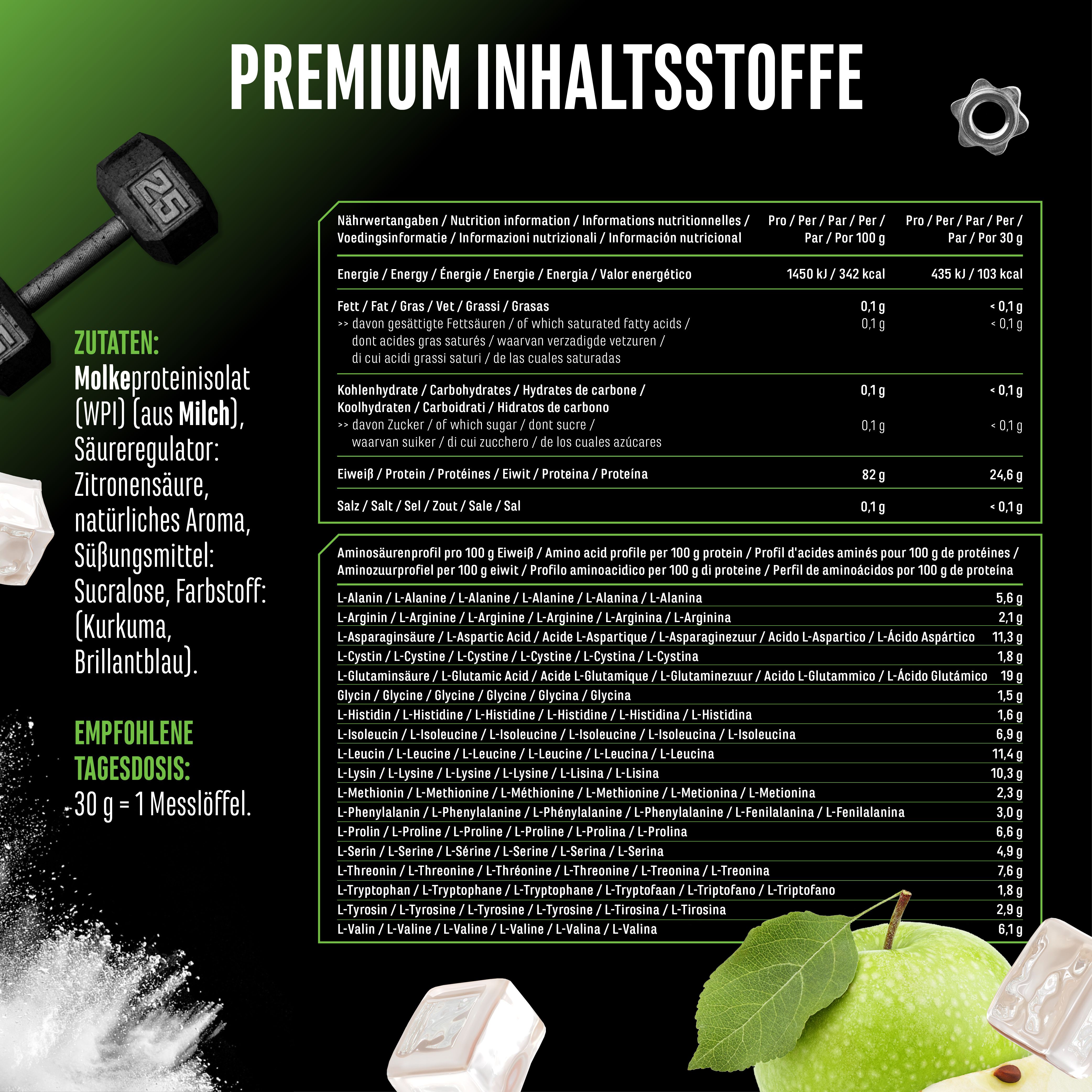 Infografik mit Nährwertangaben und Zutaten von Clear Whey Protein Isolat. Enthält Molkenproteinisolat, Aromen, Süßungsmittel.