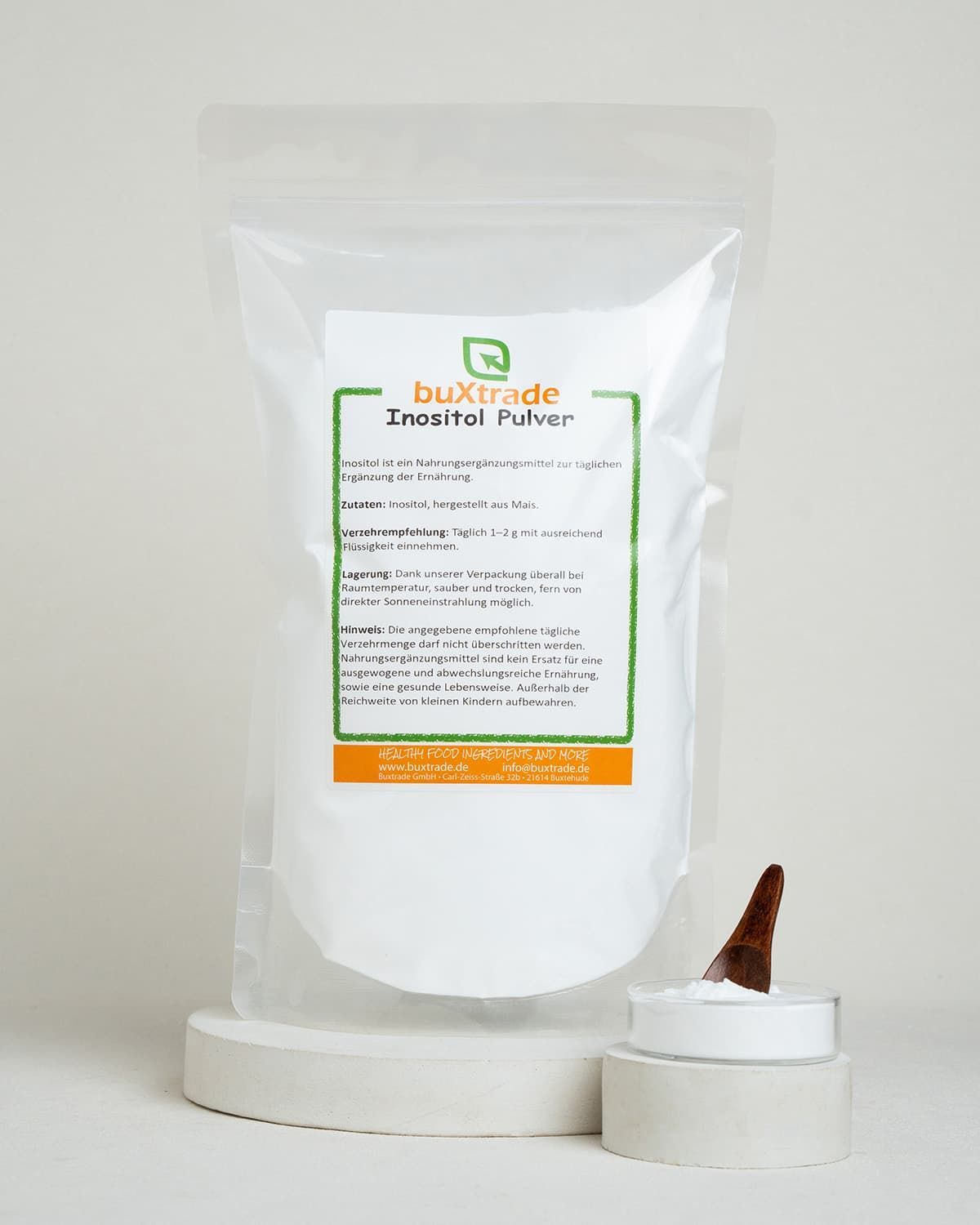 BüxTrade Inositol Pulver in einem Standbodenbeutel mit Etikett.