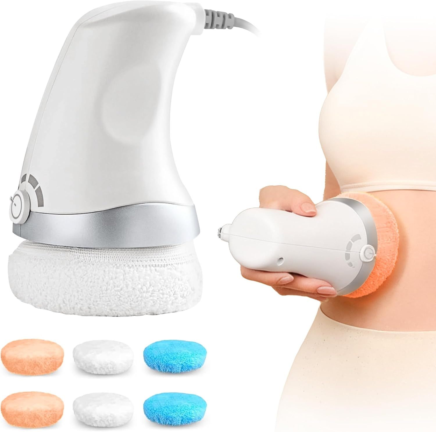 Elektrisches Massagegerät mit rotierendem Kopf und 4 Aufsätzen: 2x orange, 2x weiß.