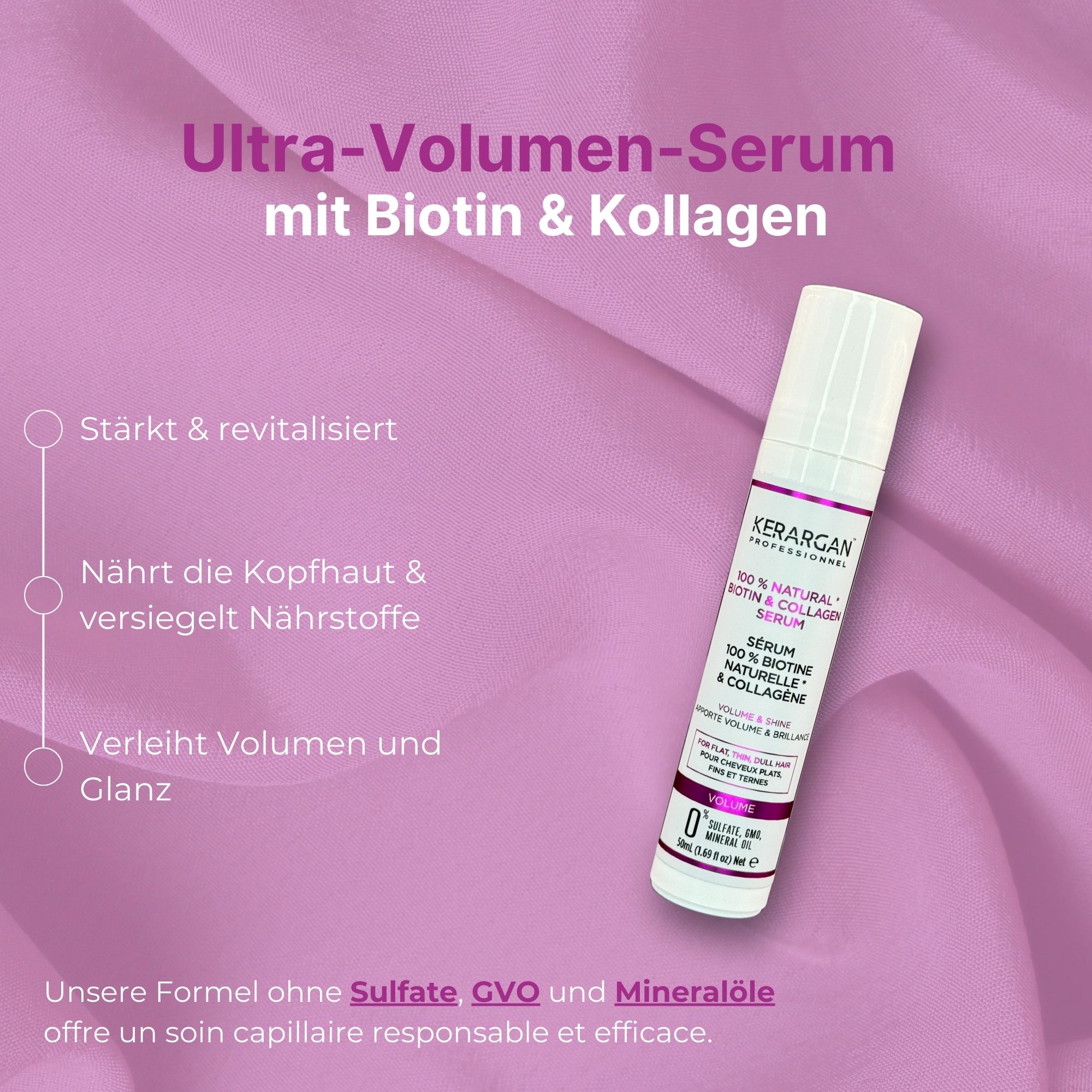 Werbung für Kerargan Serum. Flasche mit Text: 100% Natural Biotin & Collagen Serum. Lila Hintergrund.