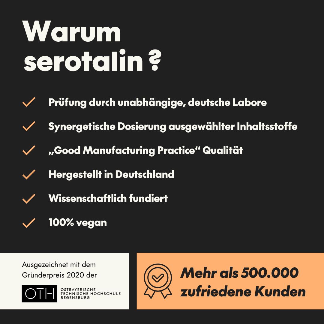 Text auf schwarzem Hintergrund: Warum serotalin? Prüfung durch Labore, synergistische Dosierung, GMP Qualität, hergestellt in Deutschland, vegan.