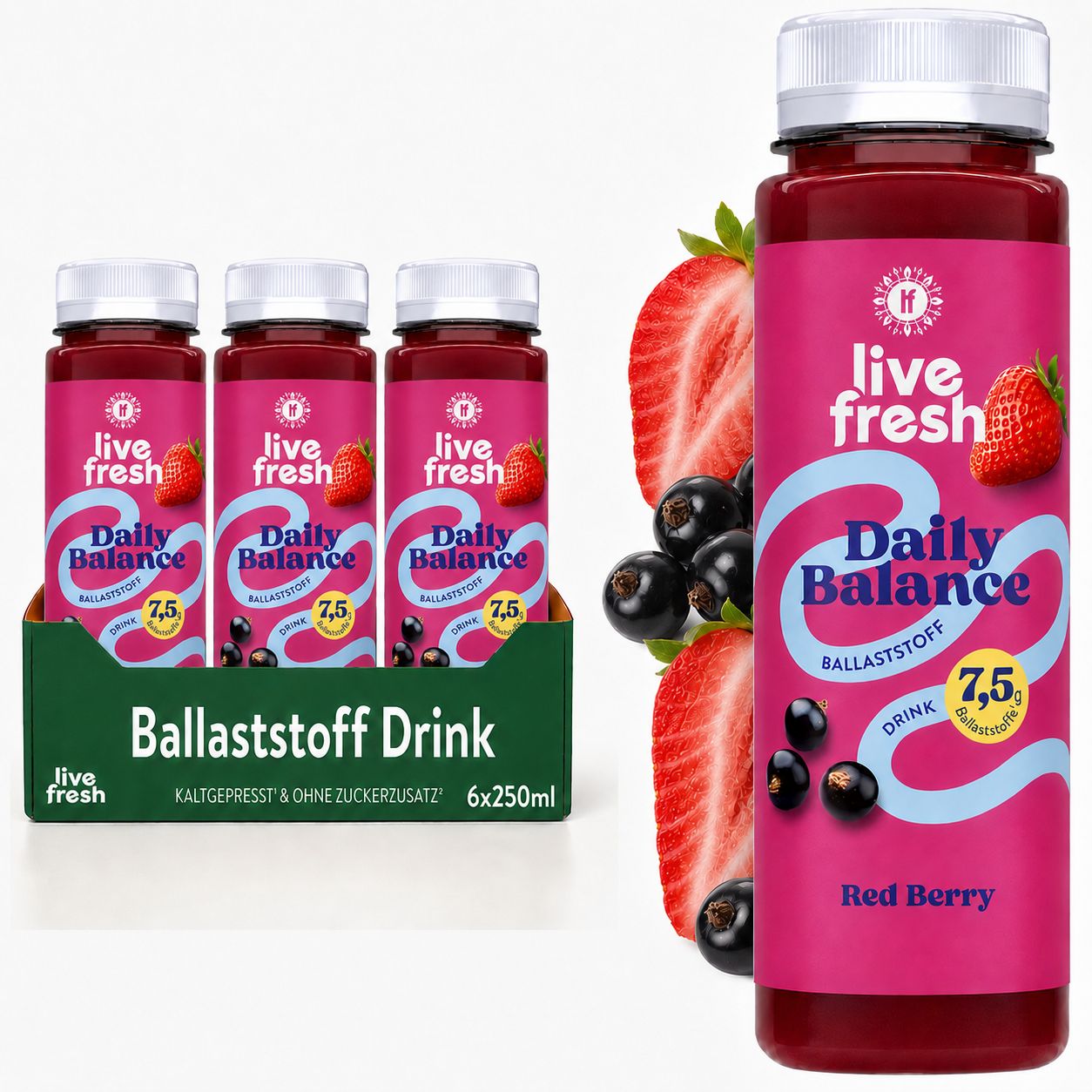 LiveFresh Ballaststoff Drink Red Berry: Sechs 250ml Flaschen in einer Packung, mit Erdbeeren und Beeren.