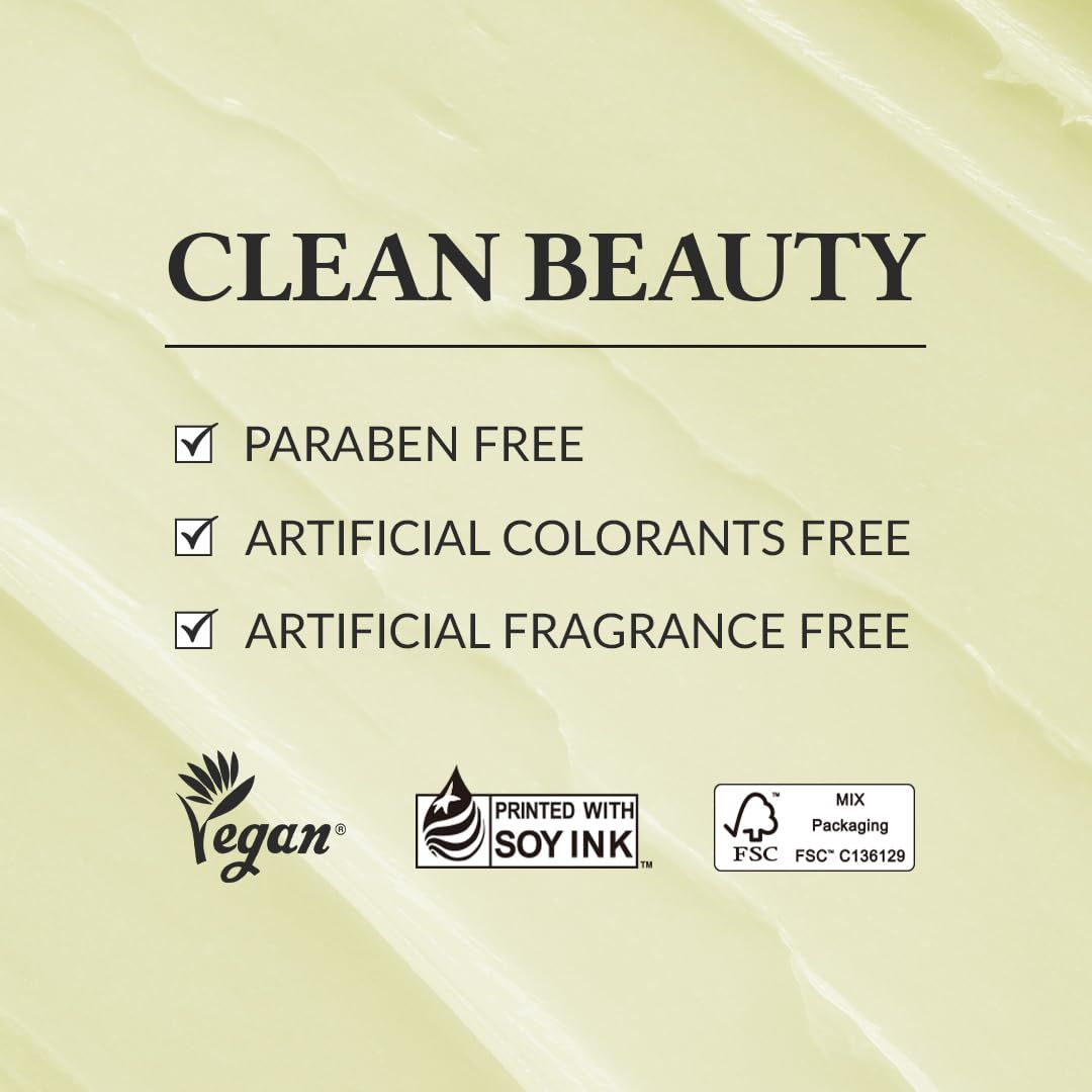 Text: "CLEAN BEAUTY". Checkboxen: "PARABEN FREE", "ARTIFICIAL COLORANTS FREE", "ARTIFICIAL FRAGRANCE FREE". Vegan-Logo, Soy Ink-Logo, FSC-Logo.
