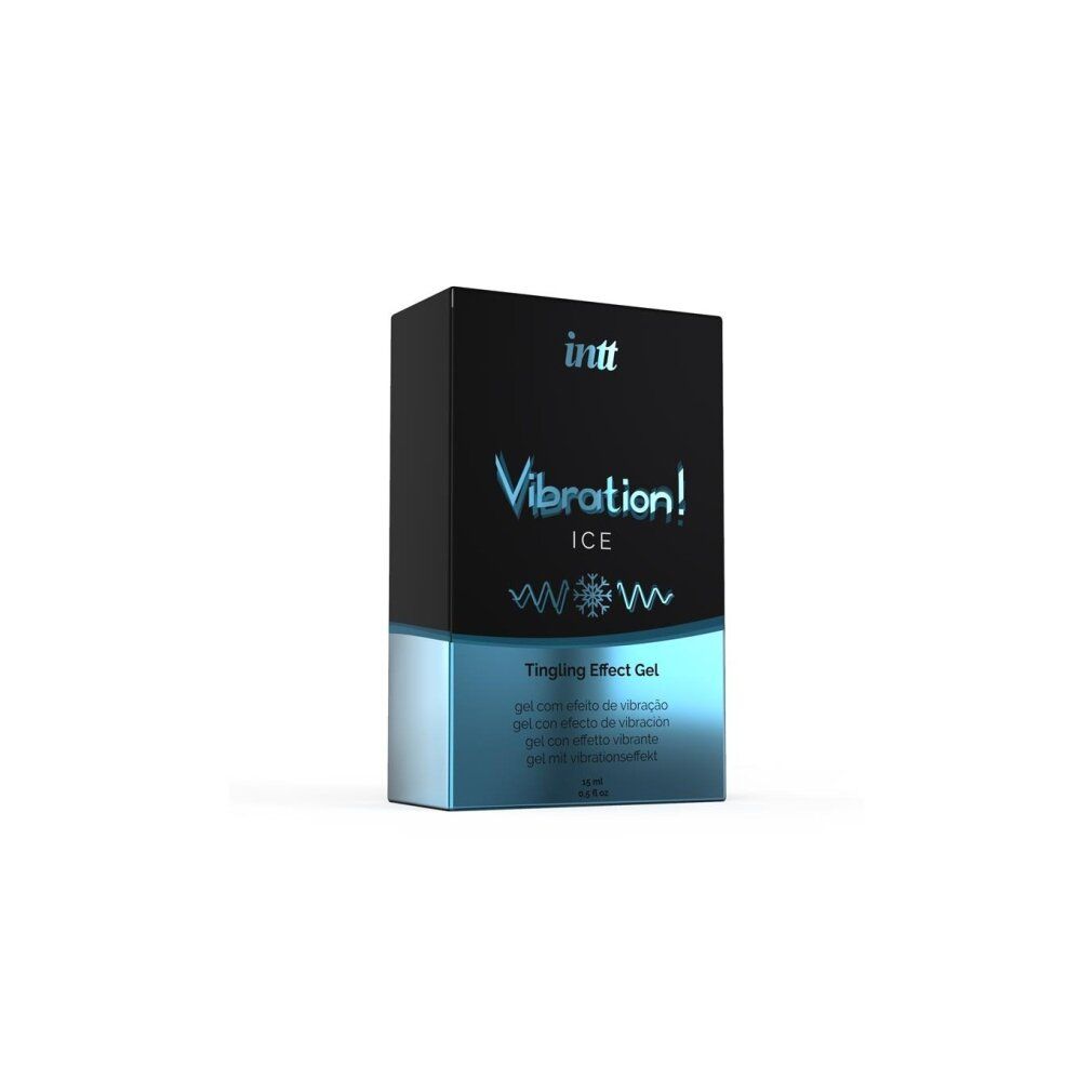 Schwarze Schachtel mit blauer Unterseite. Aufschrift: INTT Vibration! ICE. Tingling Effect Gel. Mehrsprachiger Text.