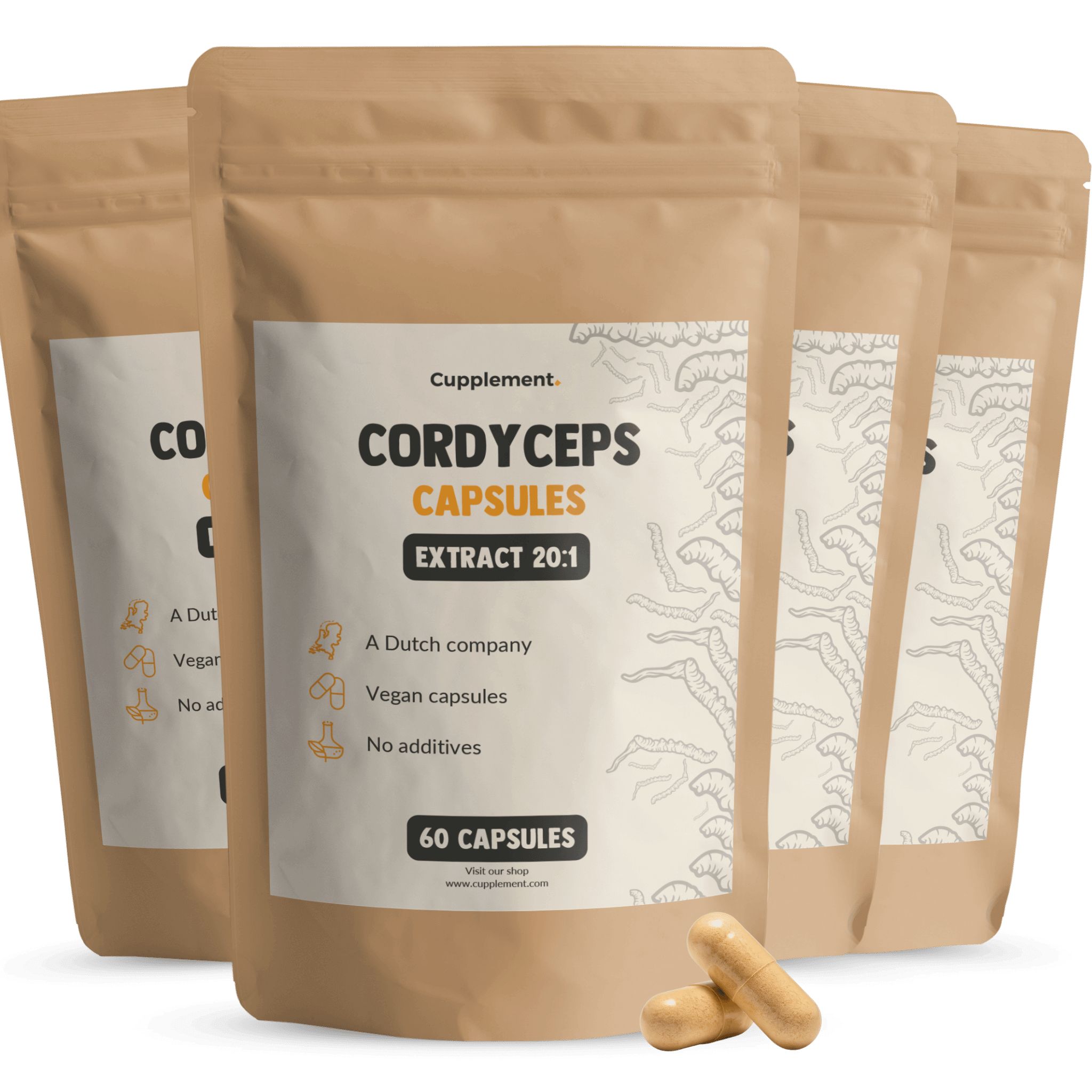 Beutel mit Cordyceps-Kapseln. Aufschrift: Cordyceps Capsules Extract 20:1. 60 Kapseln. Braune Kapseln liegen daneben.