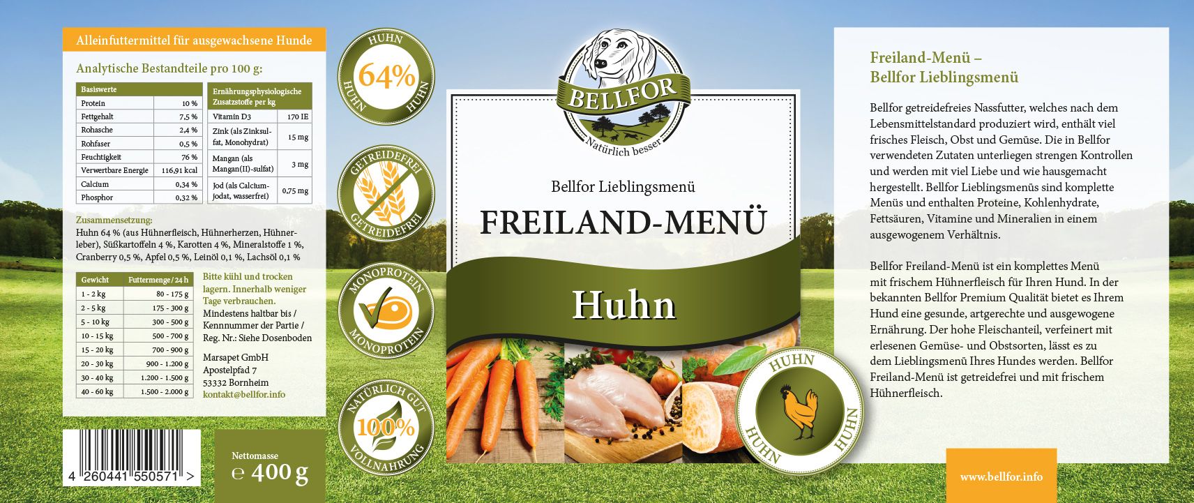 Bellfor Hundefutter Nass mit Huhn - Getreidefrei - Freiland-Menü