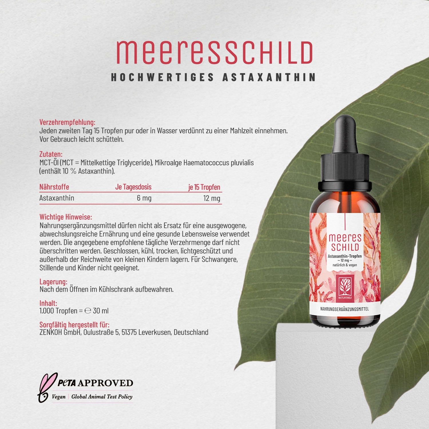 Braune Glasflasche mit Tropfer und Text. Enthält Informationen zur Anwendung und Inhaltsstoffen.