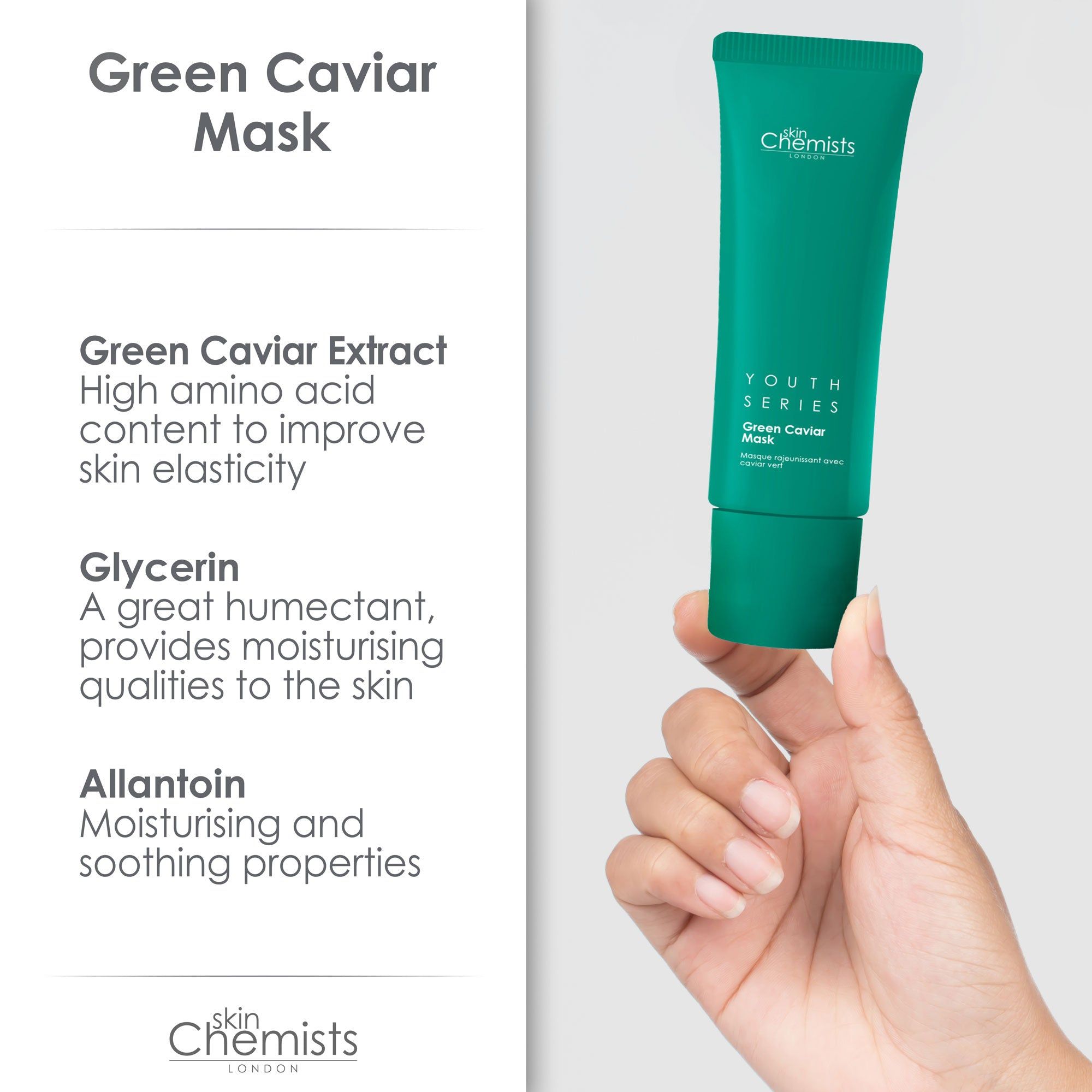 Hand hält grüne Tube. Text: "skinChemists", "Youth Series Green Caviar Mask".