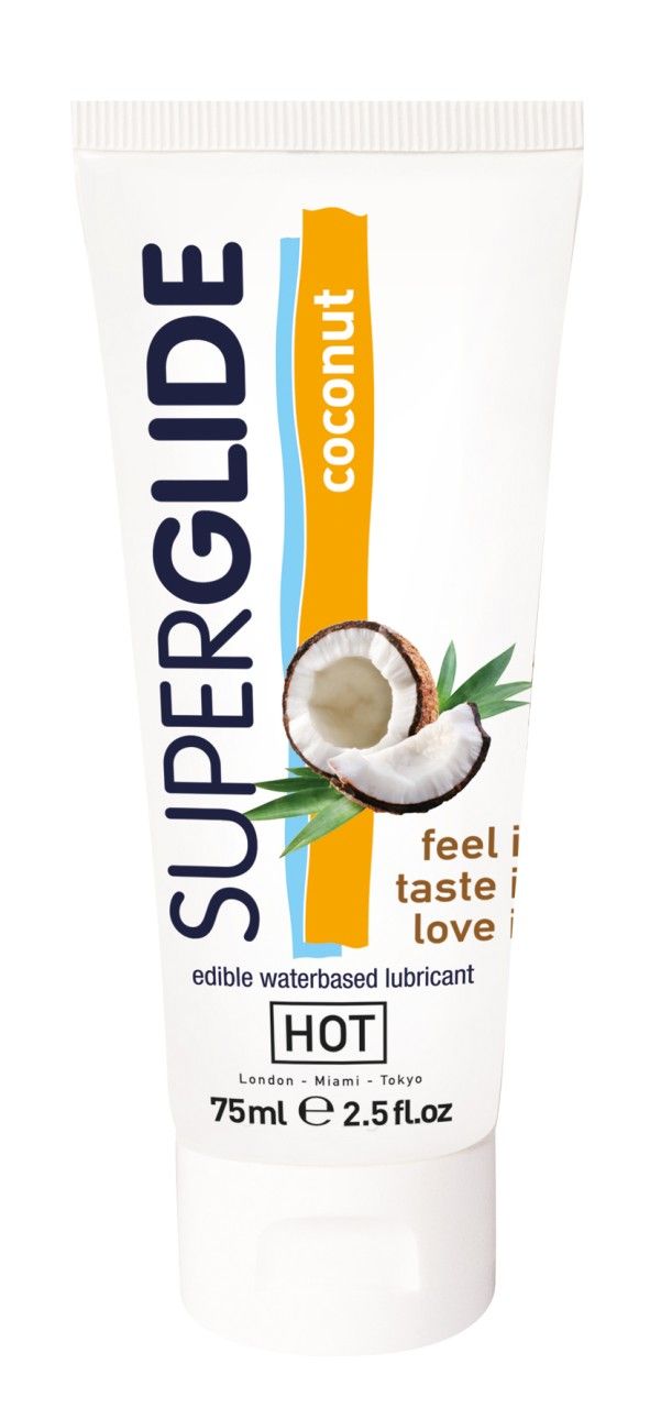 Weiße Tube mit "SUPERGLIDE"-Schriftzug. Kokosnuss-Abbildung. "HOT"-Logo. "Edible waterbased lubricant". 75ml.