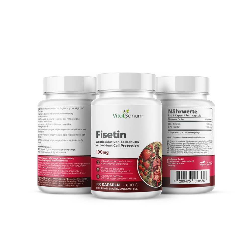 Drei weiße Flaschen mit Kapseln. Aufschrift: VitaSanum, Fisetin, 100mg. Rückseite mit Nährwertangaben.