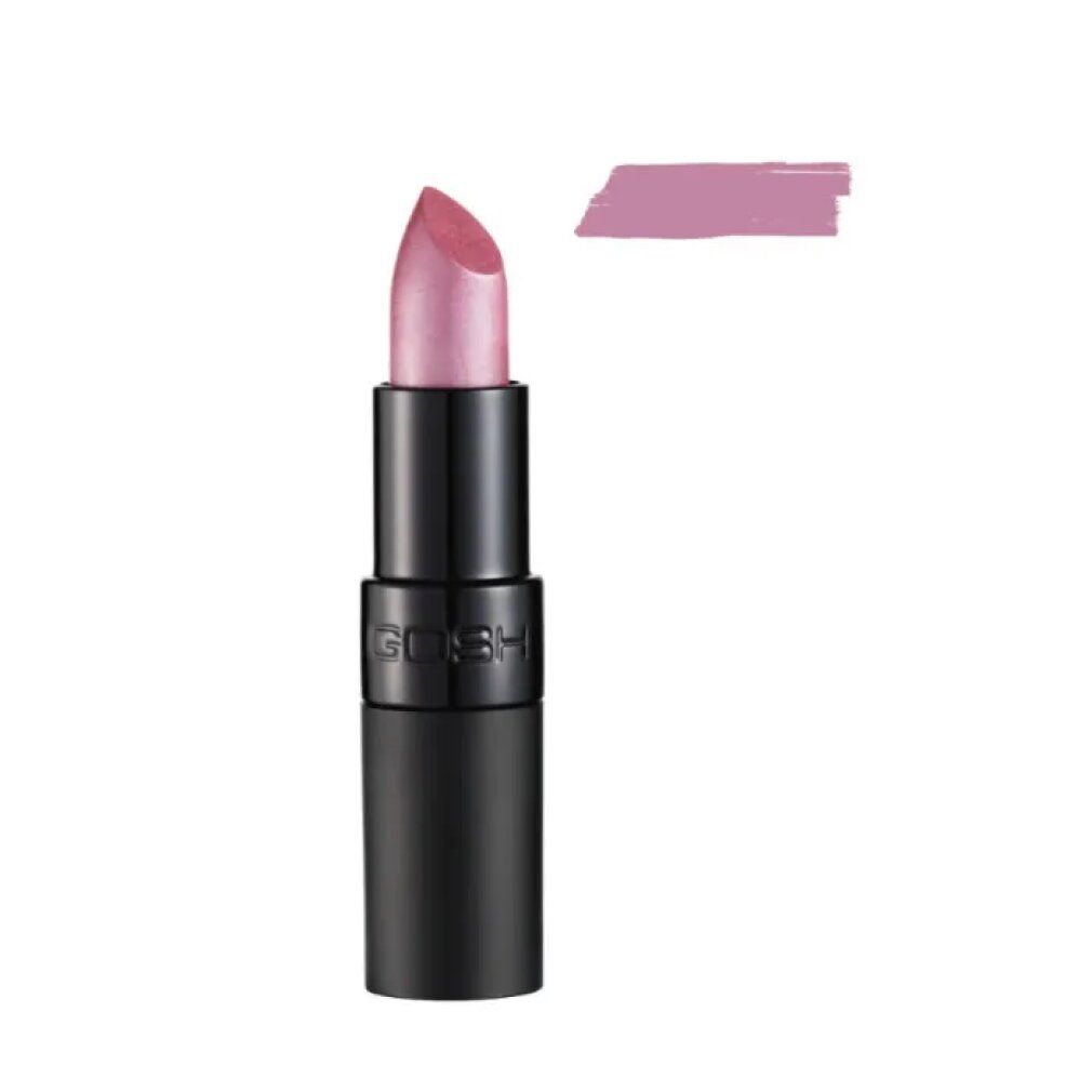 Gosh Velvet Touch Lippenstift 131 Amethyst. Schwarzer Stift, rosa Lippenstiftspitze und Farbmuster. Gosh-Logo.