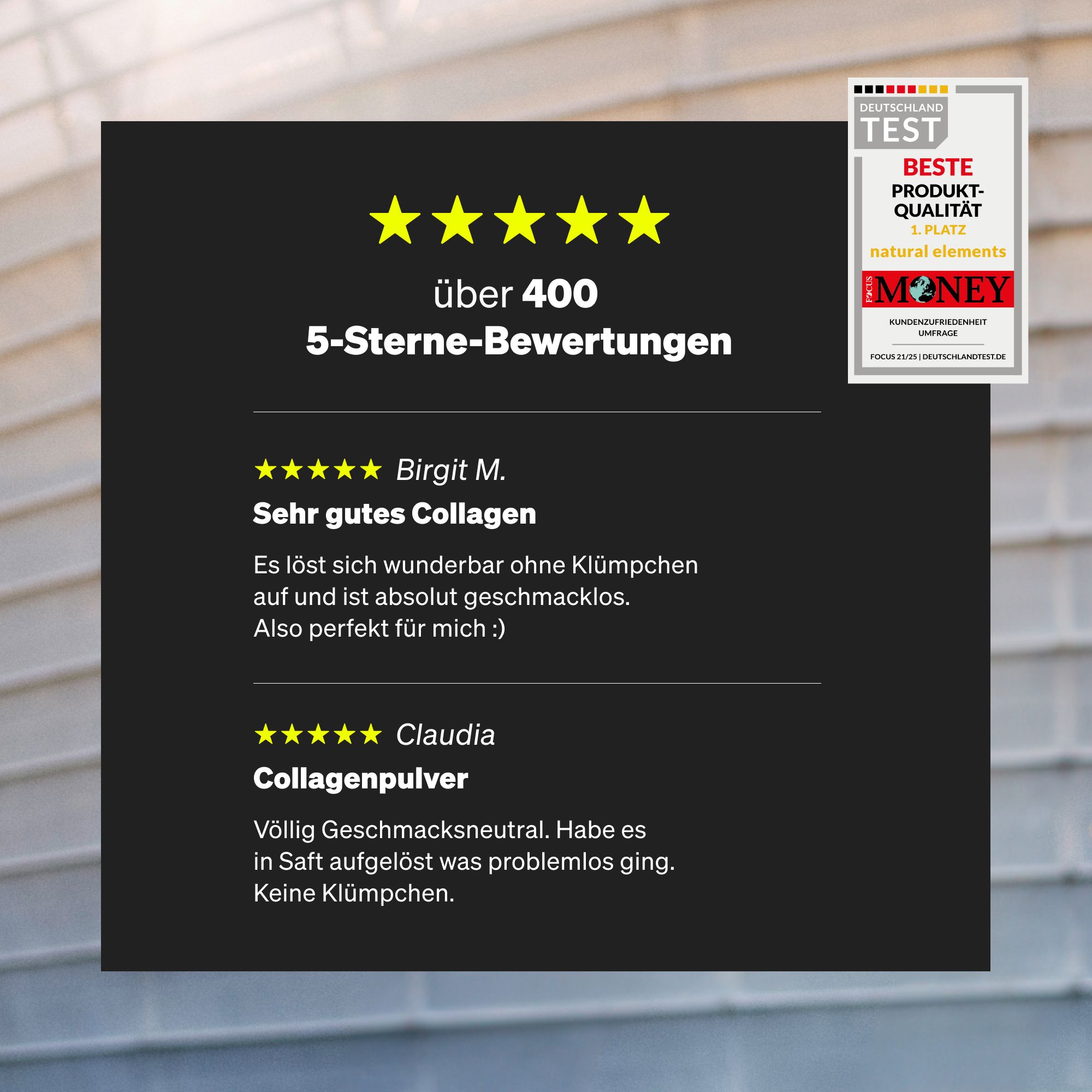 Bewertungen mit 5 Sternen. Text: Über 400 5-Sterne-Bewertungen. Logo: Deutschland Test. Logo: Money.