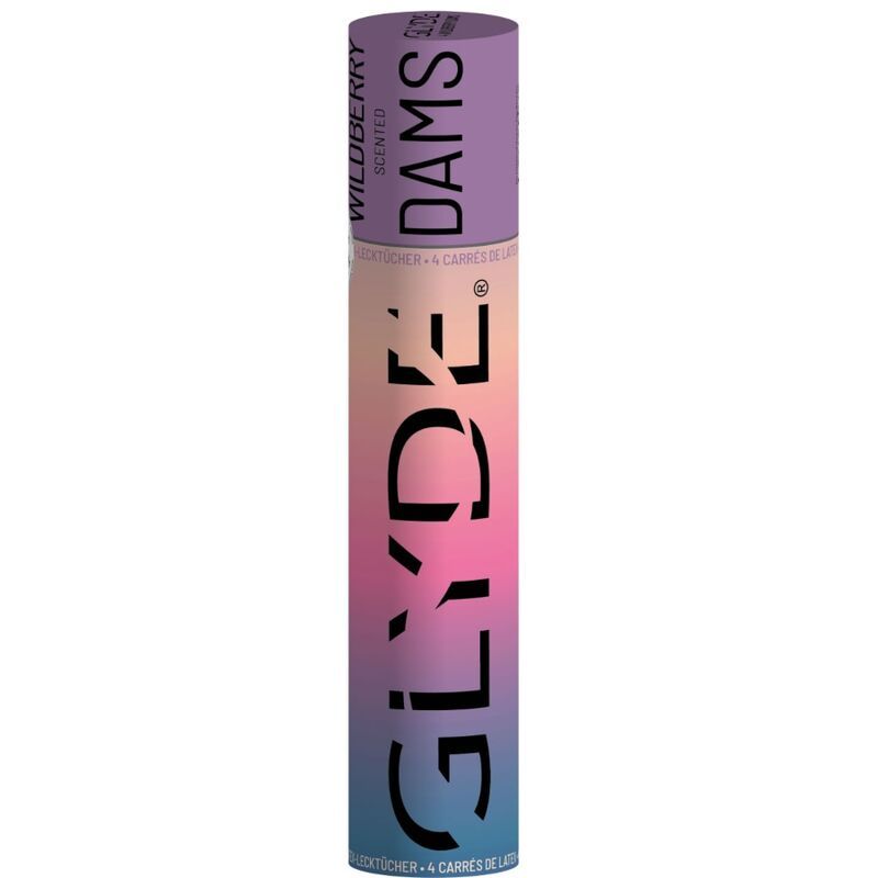 Zylindrische Verpackung von Glyde Dams *WILDBERRY*. Aufdruck: 4 Stück, Latex-Tücher. Farbverlauf von blau nach rosa und lila.