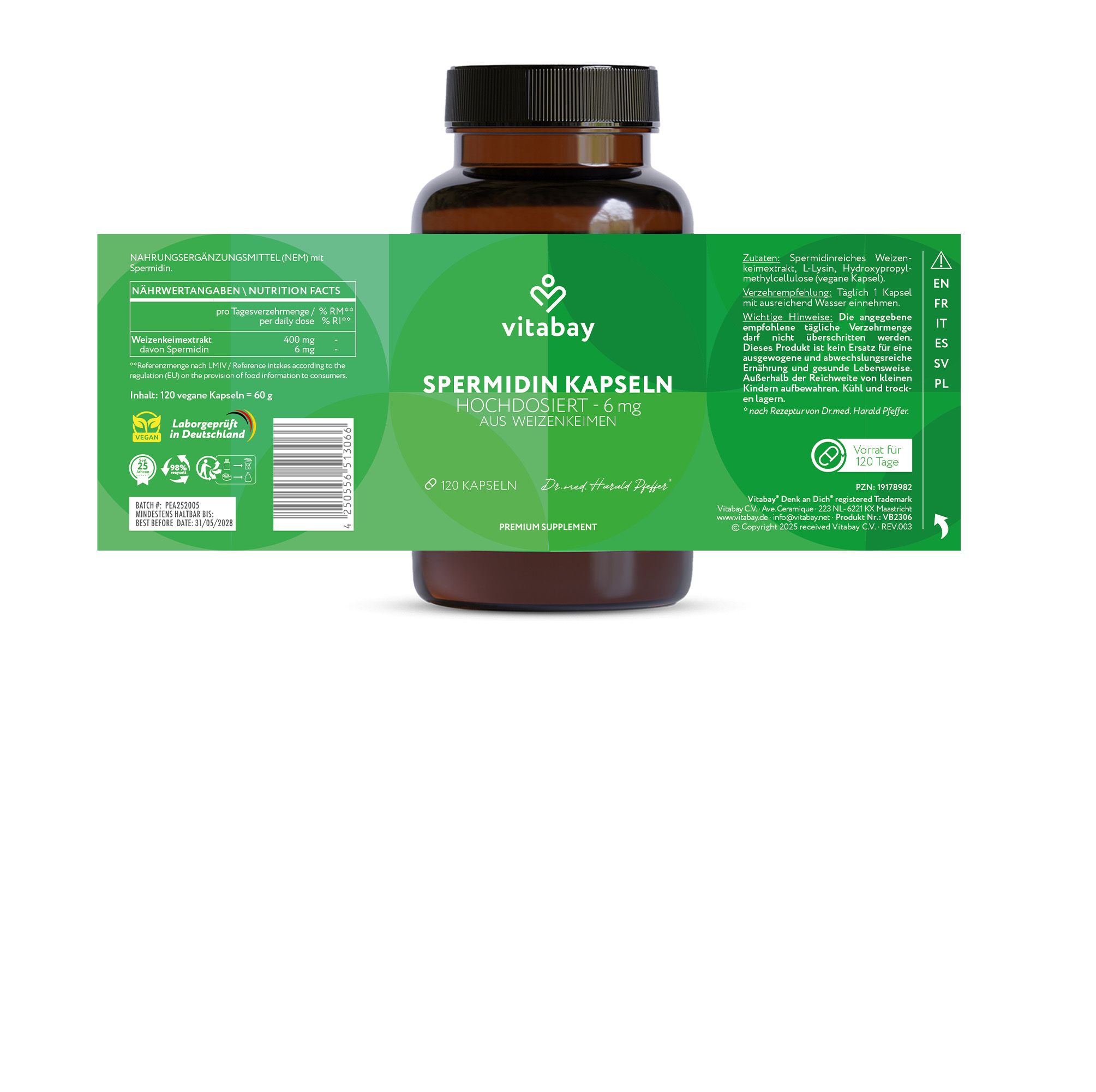 Eine Flasche mit grüner Beschriftung. Text: Spermidin Kapseln hochdosiert - 6 mg aus Weizenkeimen. 120 Kapseln. Vitabay Logo.