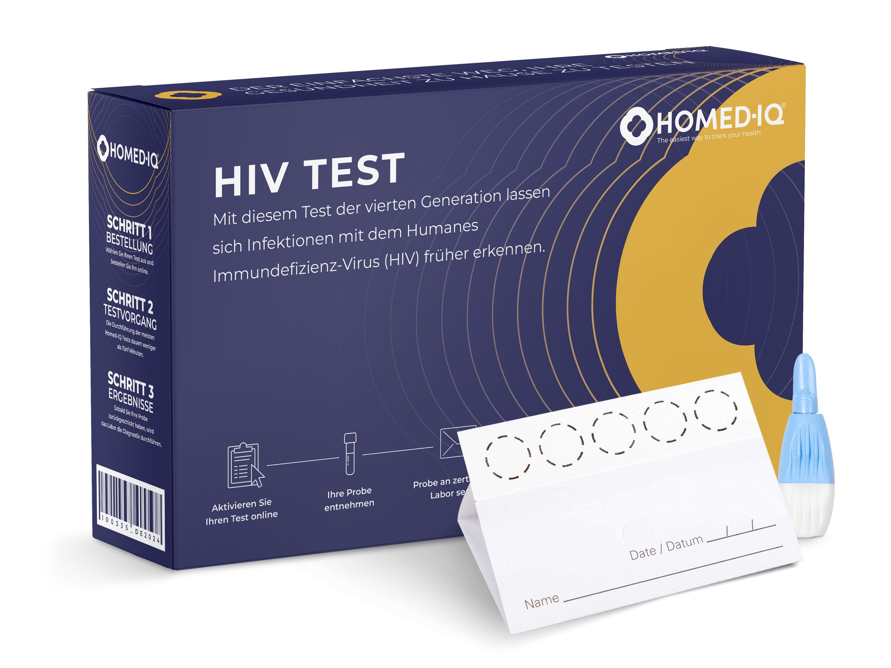 Schachtel mit HIV-Test-Kit. Enthält Testkarte, Probenbehälter und Anweisungen. Marke: Homed-IQ.