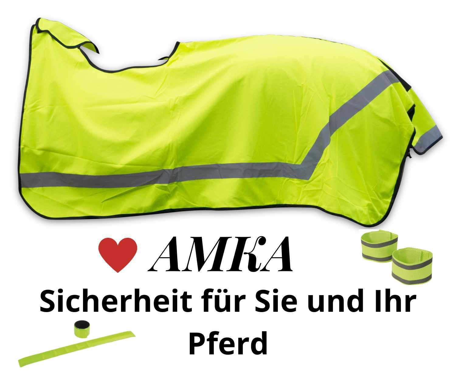 Neongelbe Pferdedecke mit Reflexstreifen. Amka-Logo. Zwei Armbänder und ein Band.