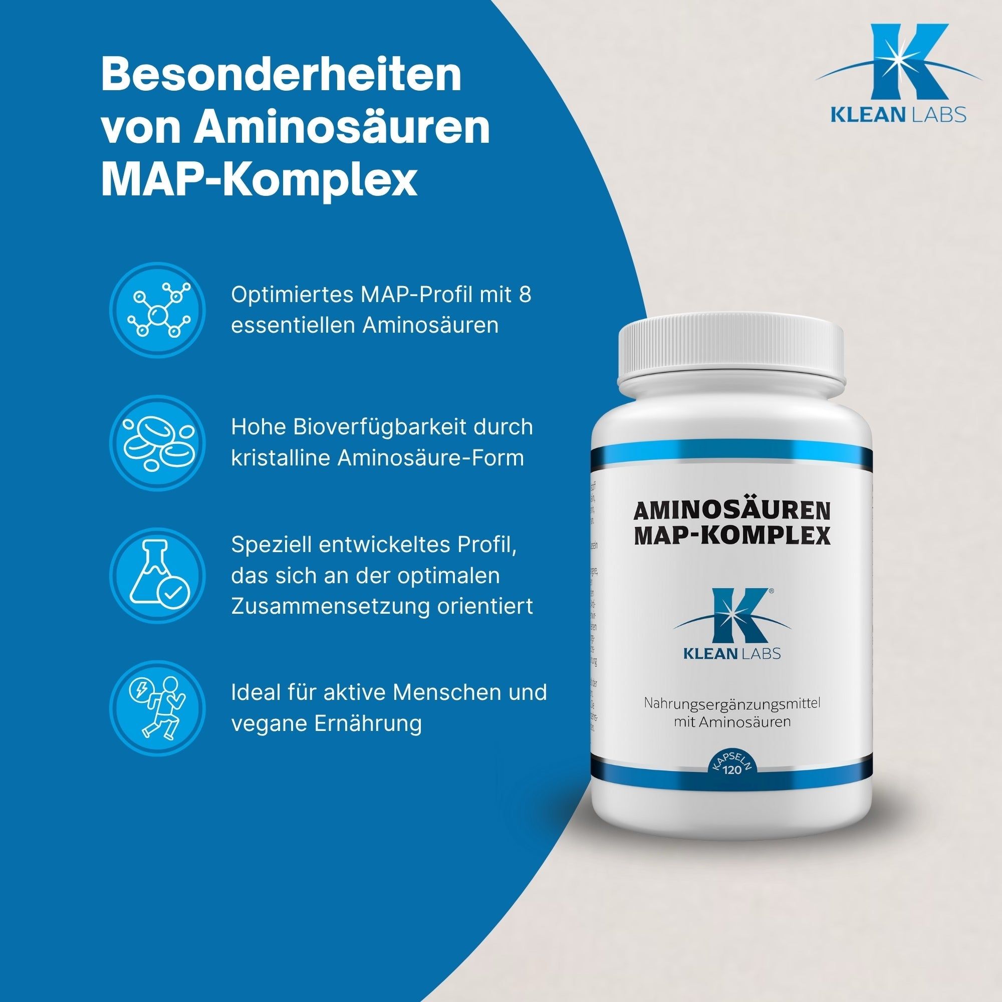Flasche Klean Labs Aminosäuren MAP-Komplex mit Infografik zu Vorteilen.
