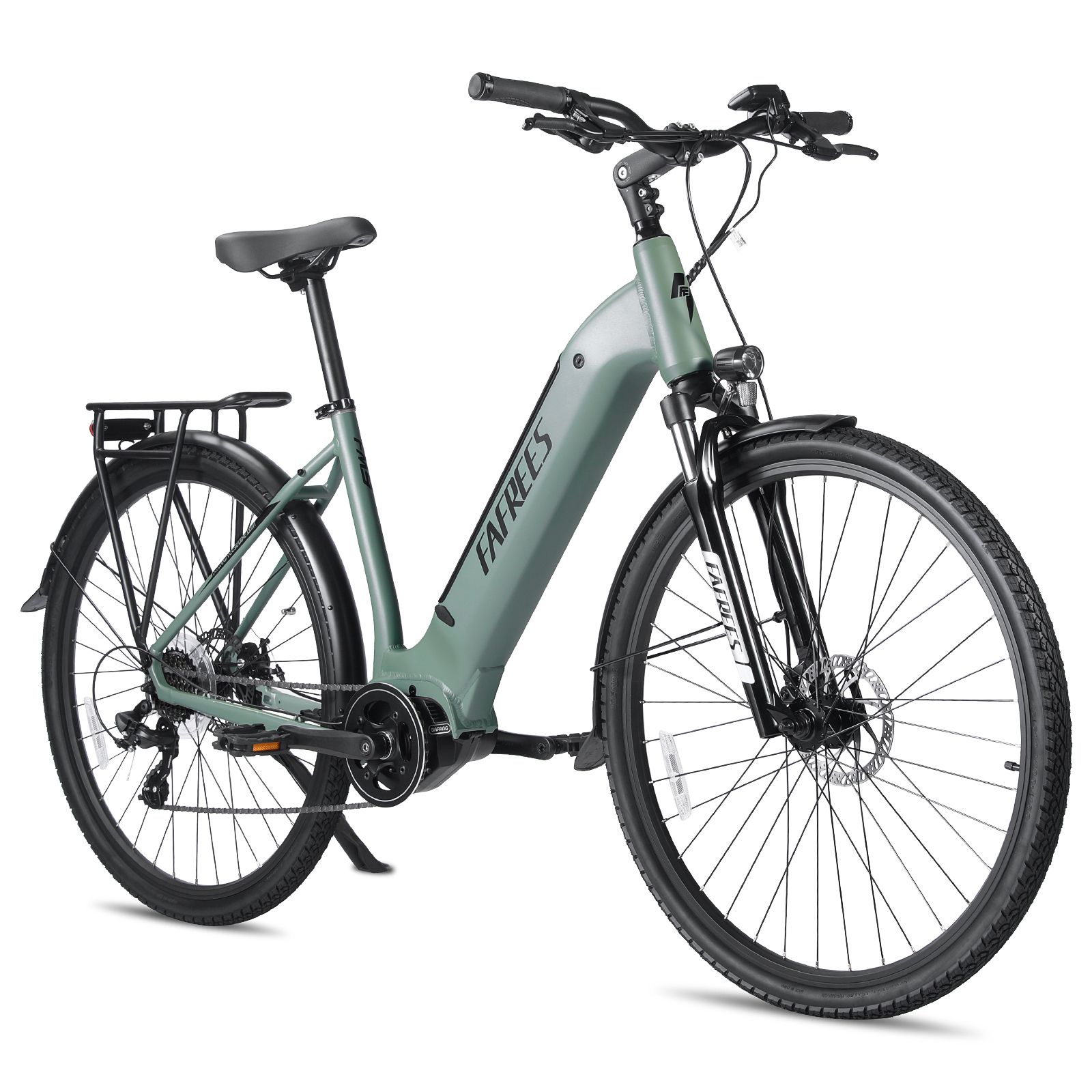 Grünes Trekking-E-Bike mit Gepäckträger. Schwarze Reifen und Komponenten. Marke FAFREES.