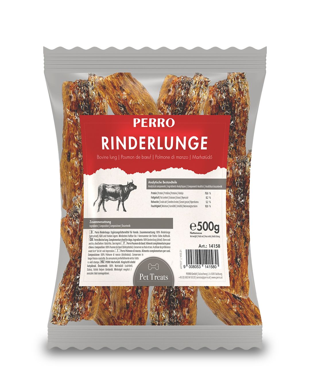 Verpackung mit PERRO Rinderlunge. Sichtbar sind getrocknete, längliche Stücke. Roter Aufkleber mit Produktname und Kuh-Illustration.