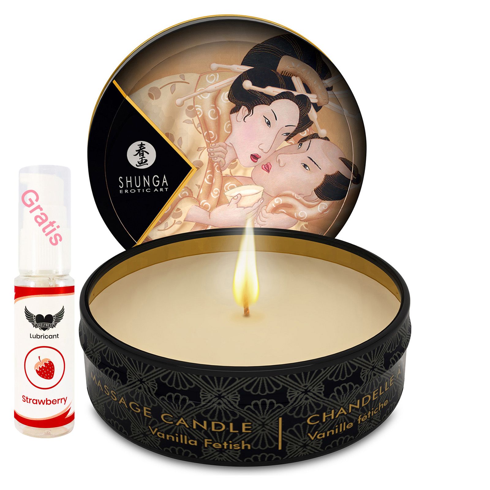 Runde, schwarze Massagekerze mit Deckel. Aufschrift: "Massage Candle Vanilla Fetish". Daneben: Erdbeer-Gleitmittel.